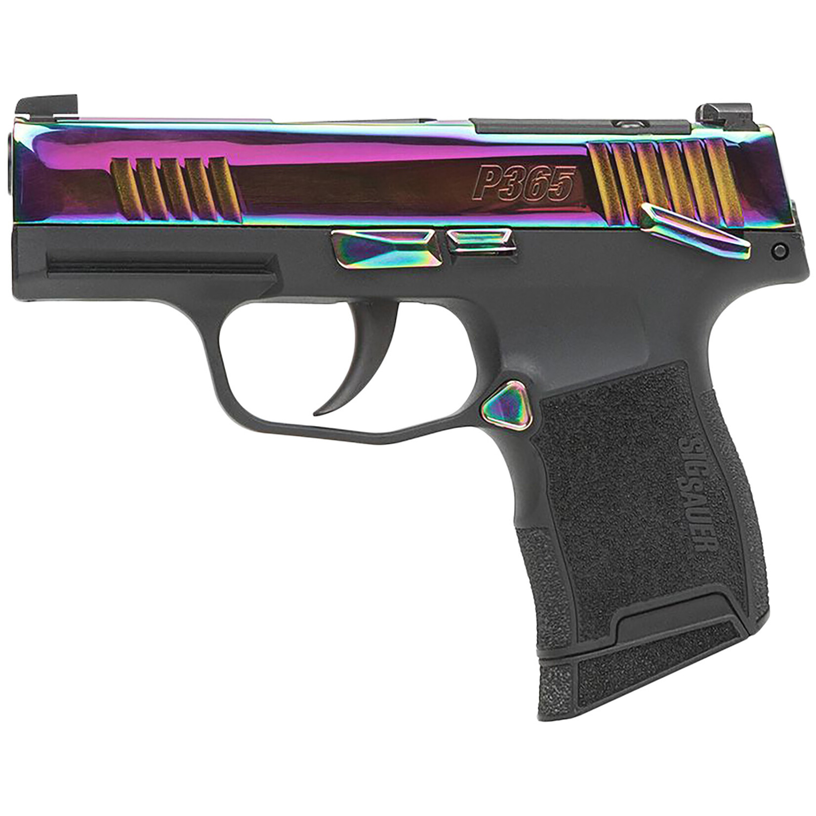 SIG SAUER Sig Sauer P365 Micro-Compact 380 ACP 10+1 3.10" Black Carbon Steel Barrel, Rainbow Titanium Optic Ready/Serrated Slide, Black Steel Frame w/Rainbow Accents, Black Polymer Grips