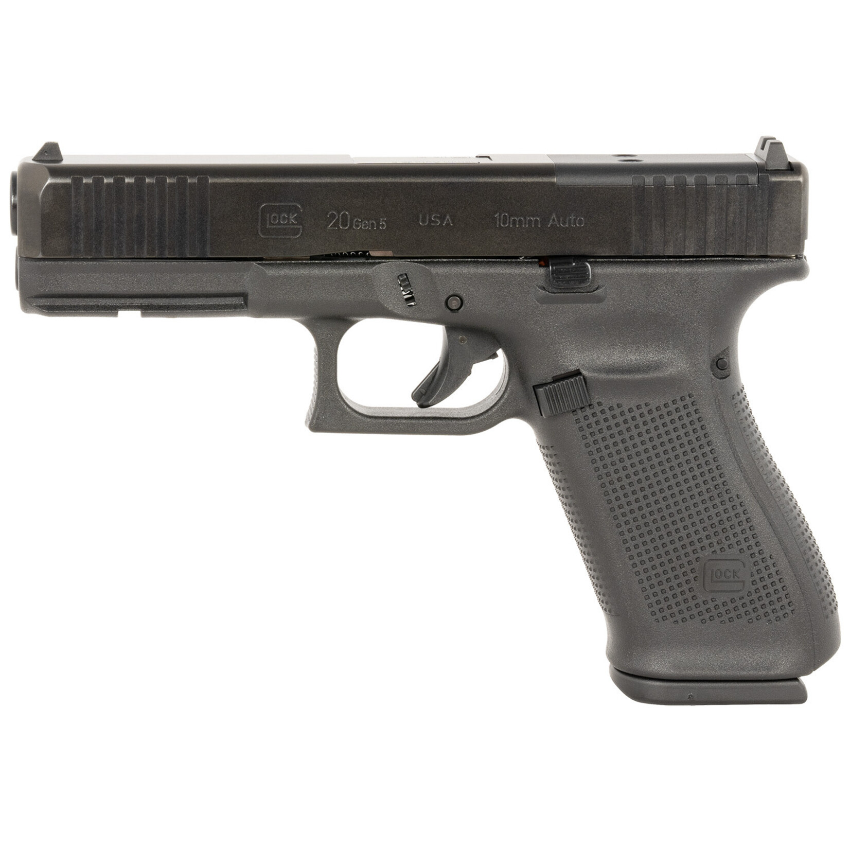 GLOCK Glock G20 Gen5 MOS Standard 10mm Auto 15+1 4.61" Black GMB Barrel, Black nDLC Serrated Slide, Black Polymer Frame w/Picatinny Rail, Black Textured Grip, Ambidextrous, USA Made