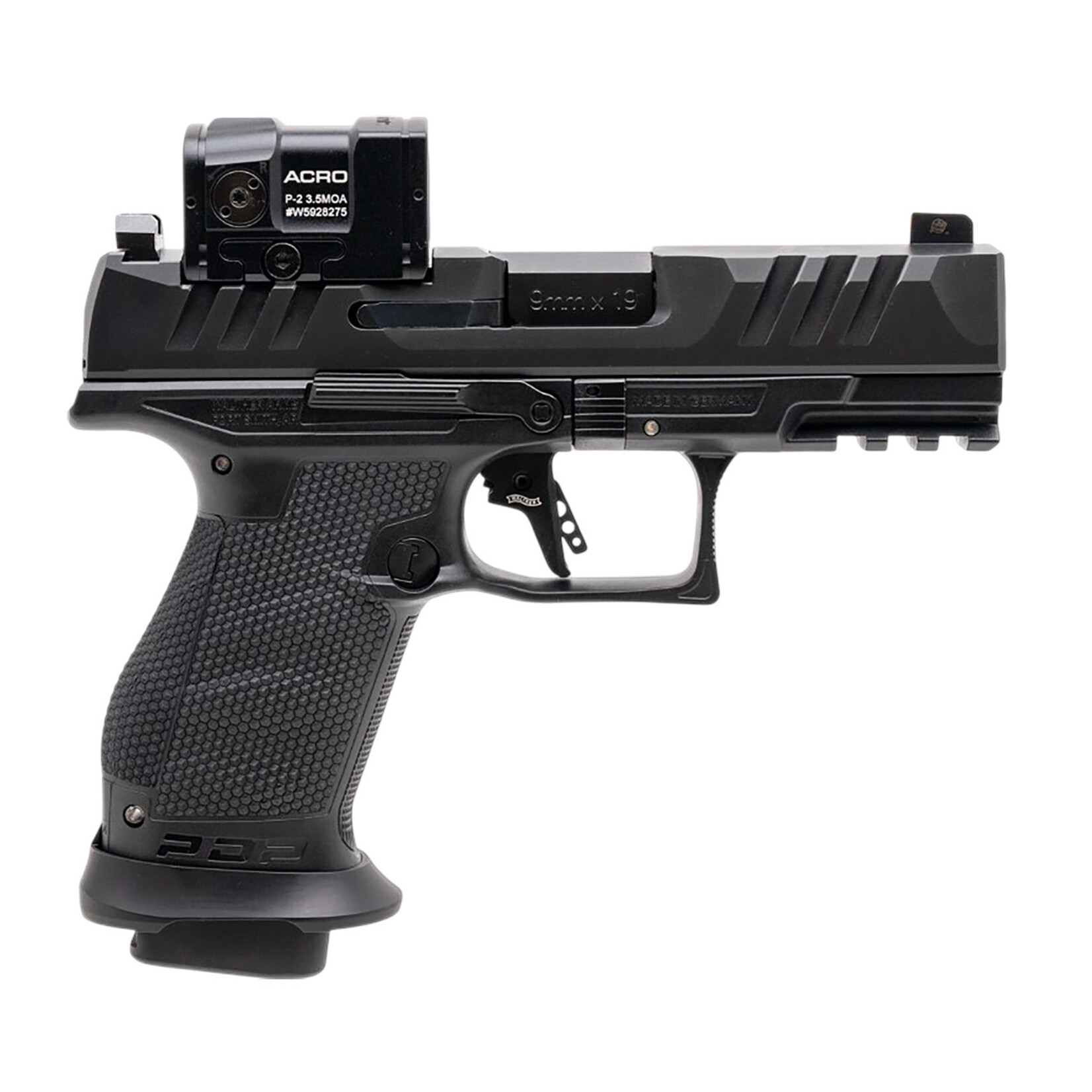 Walther Arms Walther Arms PDP Pro w/Optic Compact Frame 9mm Luger 18+1 4" Black Steel Barrel, Black Optic Ready/Serrated Steel Slide, Black Polymer Frame w/Picatinny Rail, Interchangeable Backstrap Grip, Aimpoint Acro P-2 Red Dot