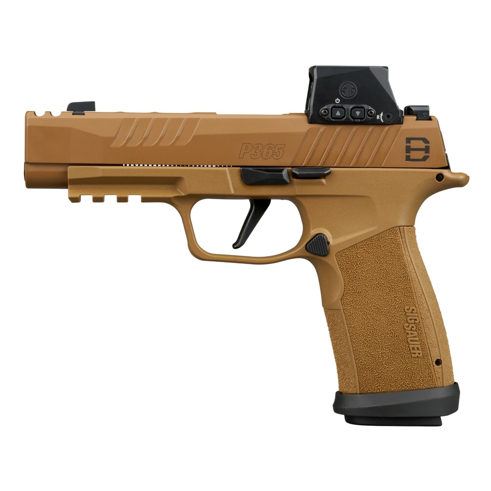 SIG SAUER Sig Sauer P365 DH3 w/Optic Compact 9mm Luger 21+1 3.70" Black DLC Barrel, Coyote Cerakote Stainless Steel Lightening Cut/Optic Ready/Serrated Slide & Frame w/Picatinny Rail, Interchangeable Backstrap Grip, Sig ROMEO-X SIG-LOC Red Dot