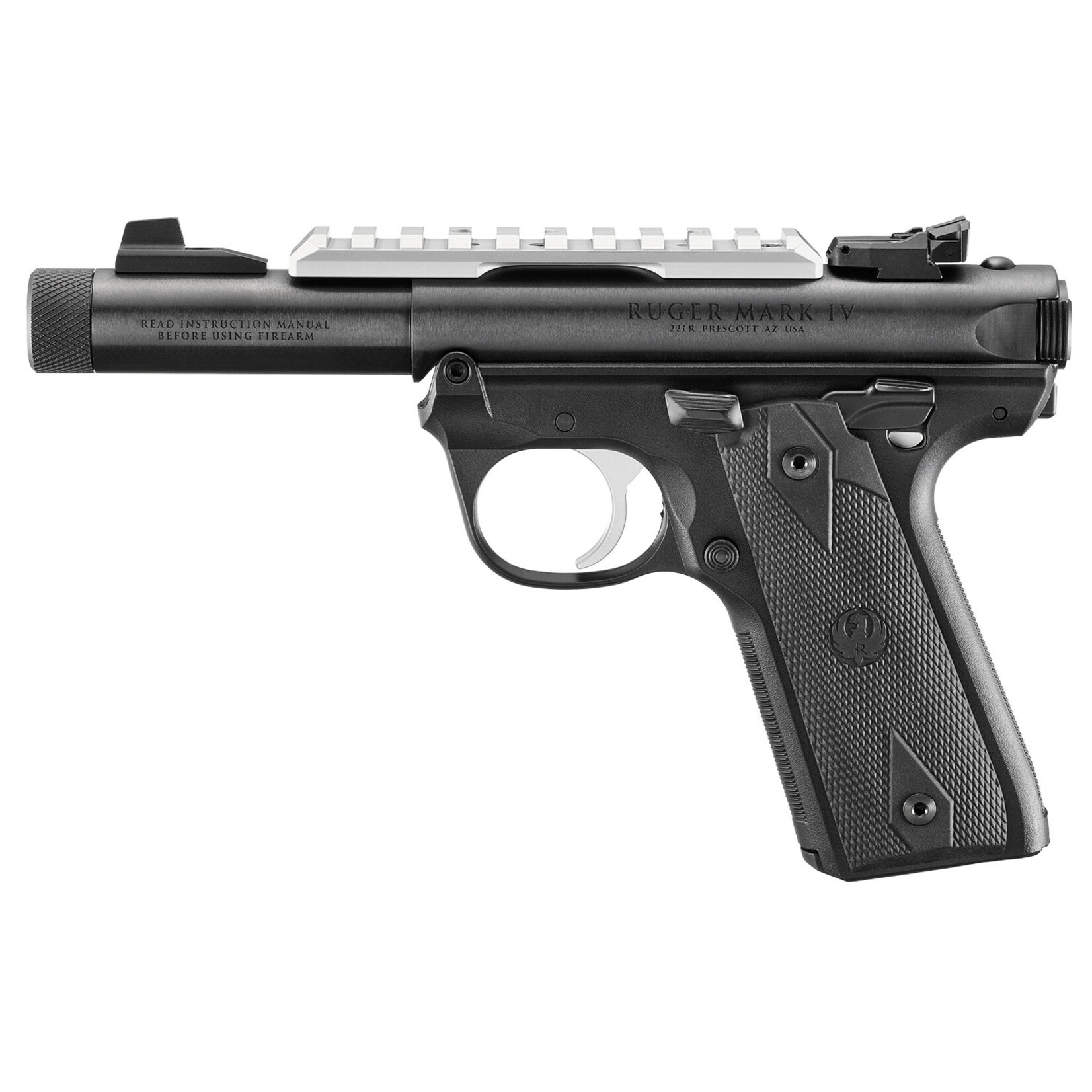 Ruger Ruger Mark IV 22/45 22 LR 10+1 4.40" Steel Threaded Bull Barrel, Blued Picatinny Rail Receiver, Blued Polymer Frame, Black Checkered Polymer Grip