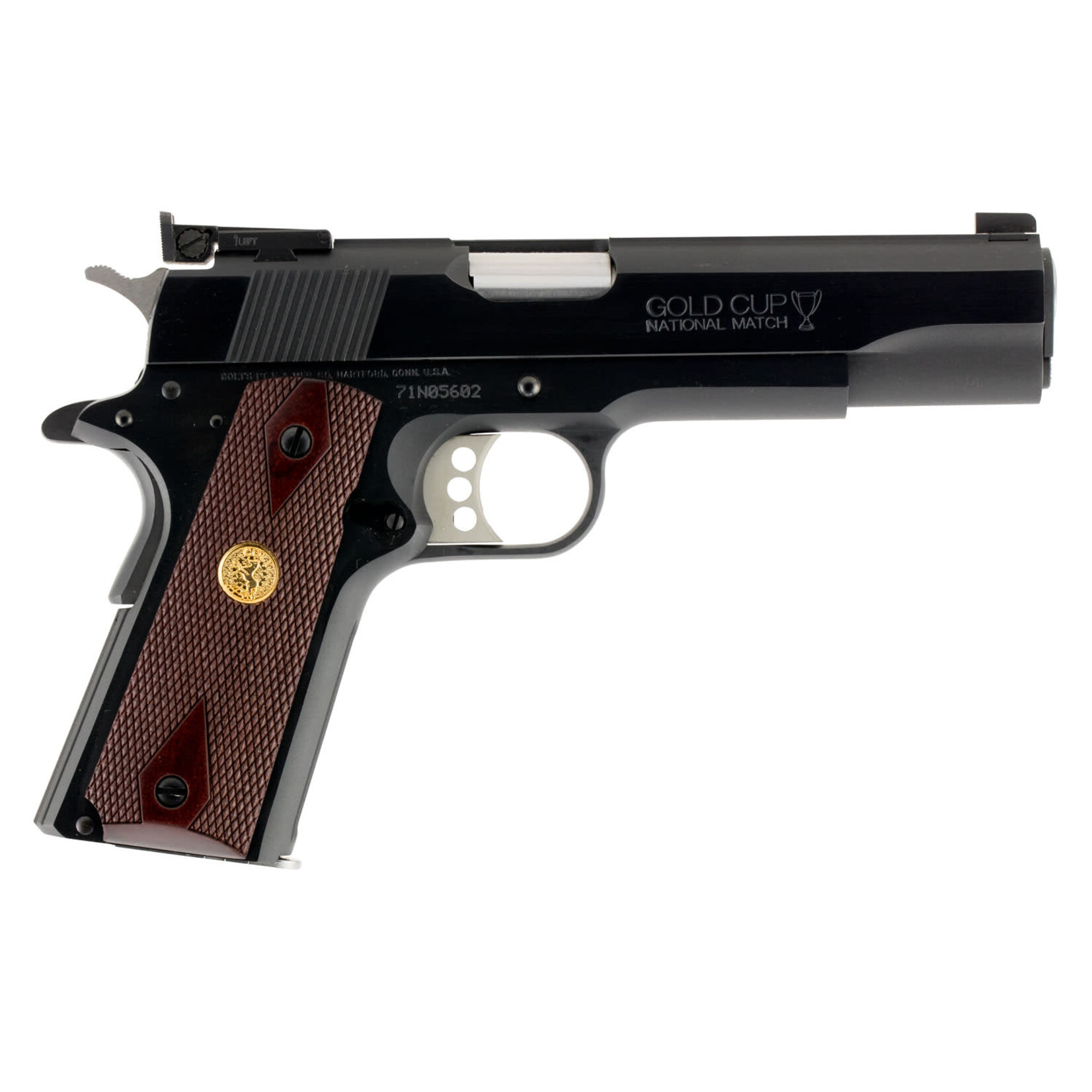 Colt Colt Mfg Gold Cup National Match 9mm Luger 9+1, 5" Stainless National Match Barrel, Blued Serrated Carbon Steel Slide & Frame w/Beavertail, Walnut Grip, Ambidextrous