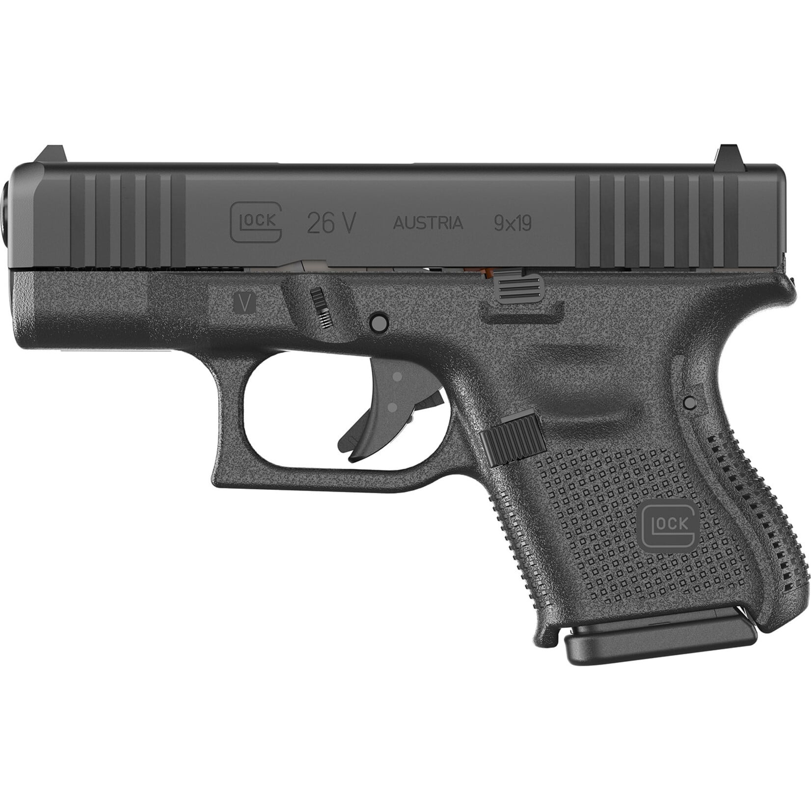 GLOCK Glock G26 V Sub-Compact Frame 9mm Luger 10+1 3.43" Black GMB Barrel, Black Steel Serrated Slide, Black Polymer Frame, Textured Polymer Grip, Ambidextrous