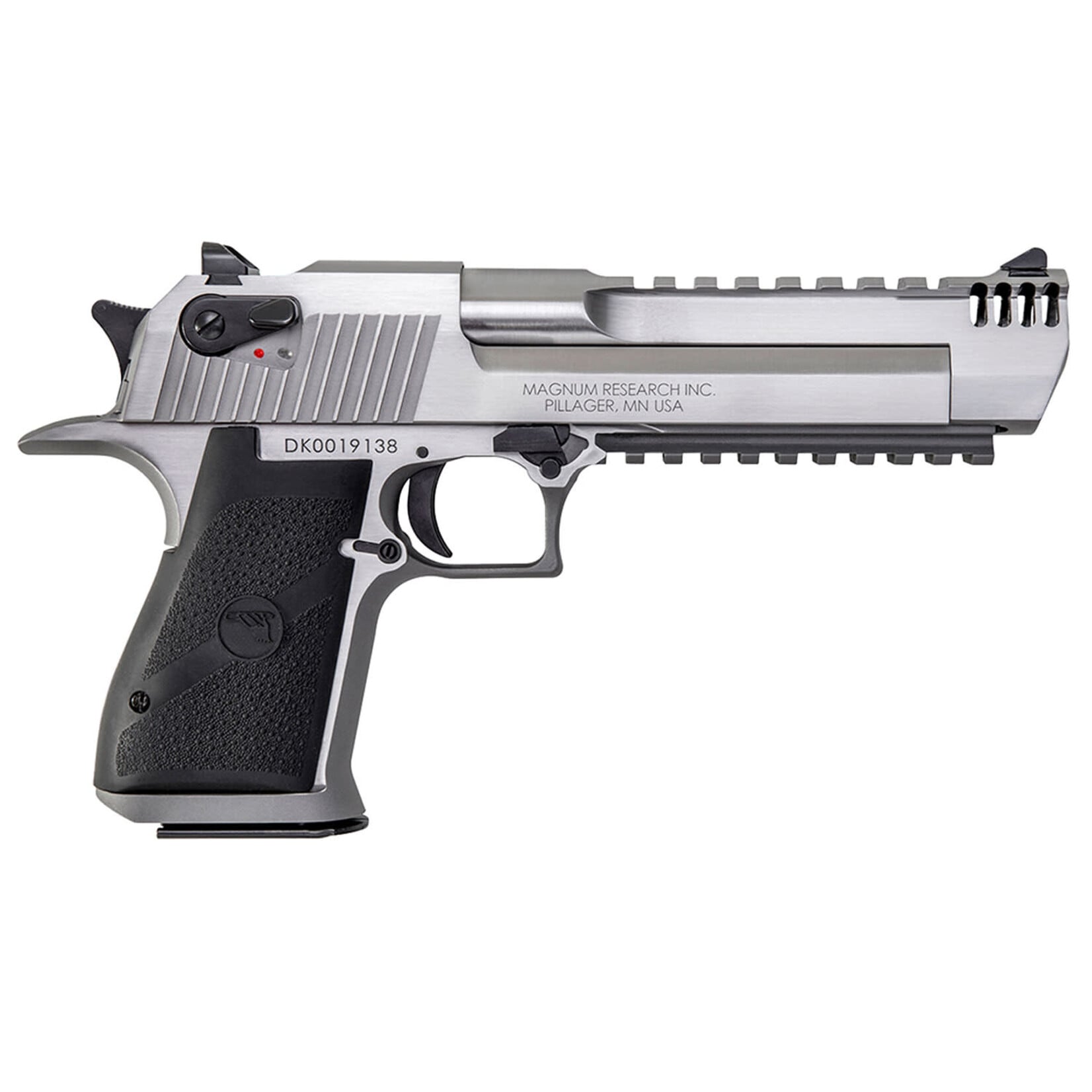 Magnum Research Magnum Research Desert Eagle Mark XIX 50 AE 7+1, 6" Stainless Stainless Steel w/Muzzle Brake & Picatinny Rail Barrel, Serrated Stainless Steel Slide & Frame w/Beavertail & Picatinny Rail, Black Rubber Grip, Ambidextrous Safety, Right Hand