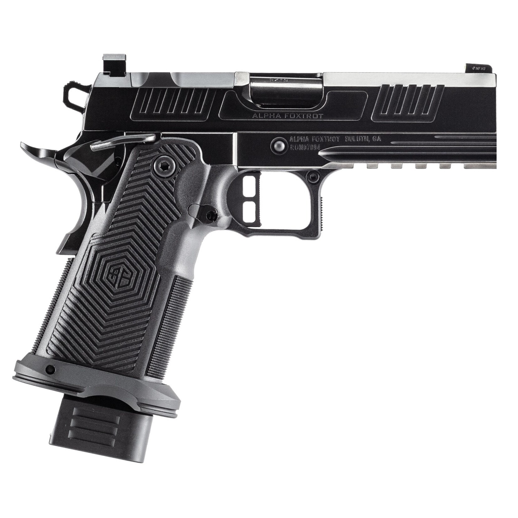 Alpha Foxtrot  AF1911 Romulus Compact 9mm Luger 20+1 4.25" Black Bull Ramped Barrel, Polished DLC Stainless Steel Optic Ready/Serrated Slide, Polished DLC Stainless Steel Frame w/Beavertail & Picatinny Rail, Polymer Grip, RMSc Footprint
