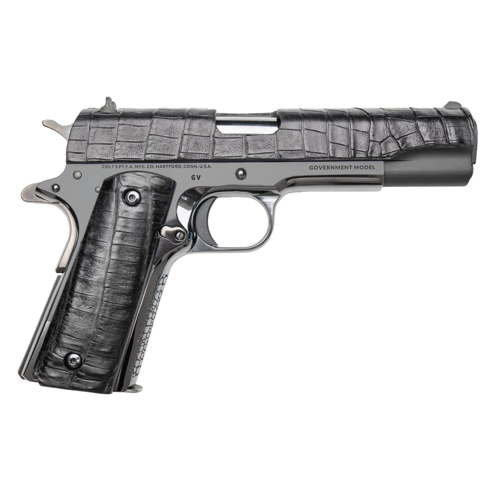 Cnc Firearms Colt Government Gator Sports South Exclusive 45 ACP 7+1 5" Stainless Match Grade Barrel, Black Alligator Leather Stainless Steel Slide, Black DLC Stainless Steel Frame, Black Alligator Leather Grip
