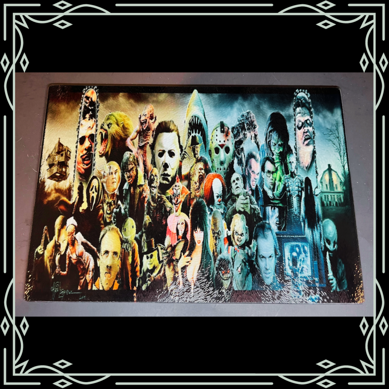 Dead Dave Designs Sublimated Glass Cutting Board - Horror Extravaganza