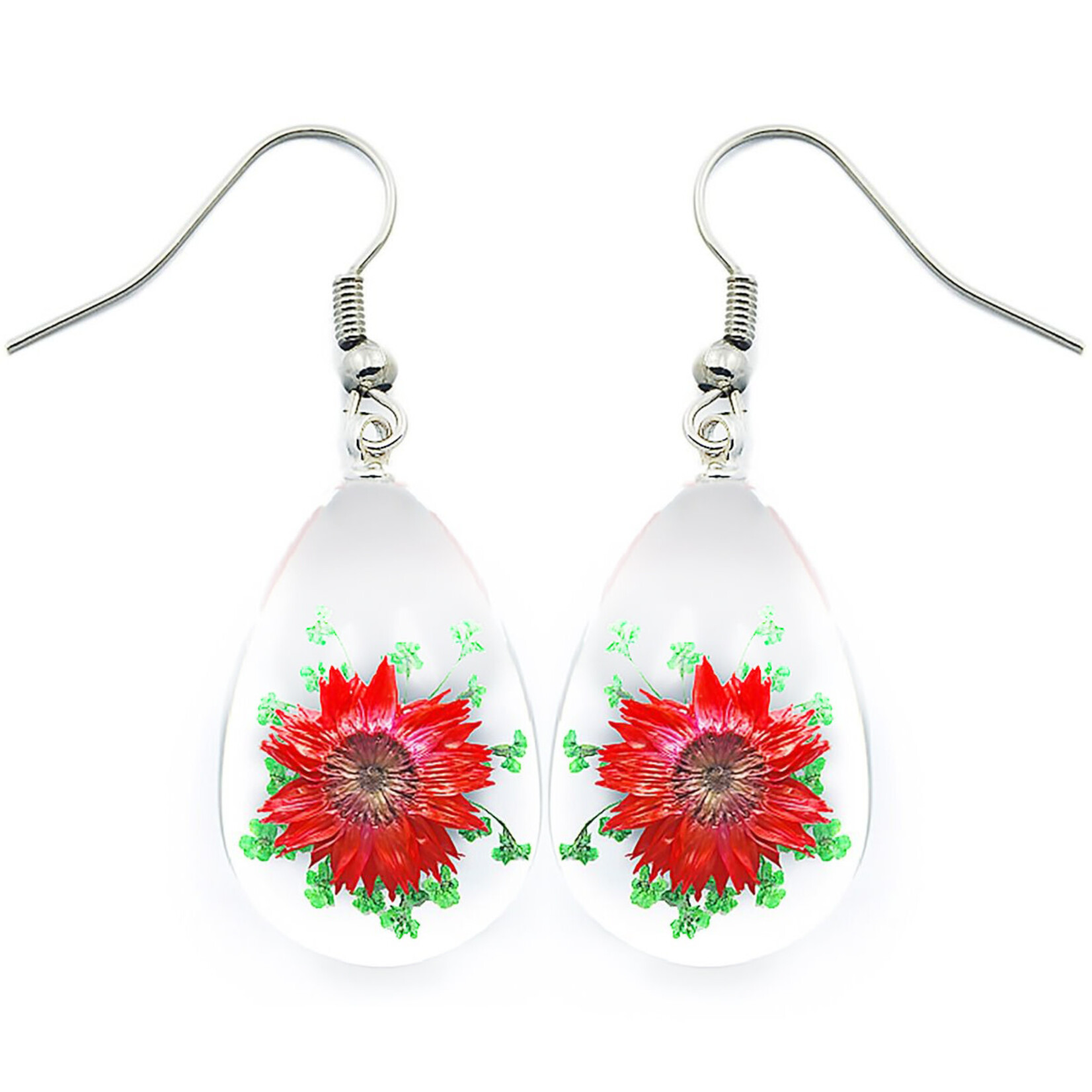 BicBugs Real Preserved Flower Earrings Clear - Red/Green
