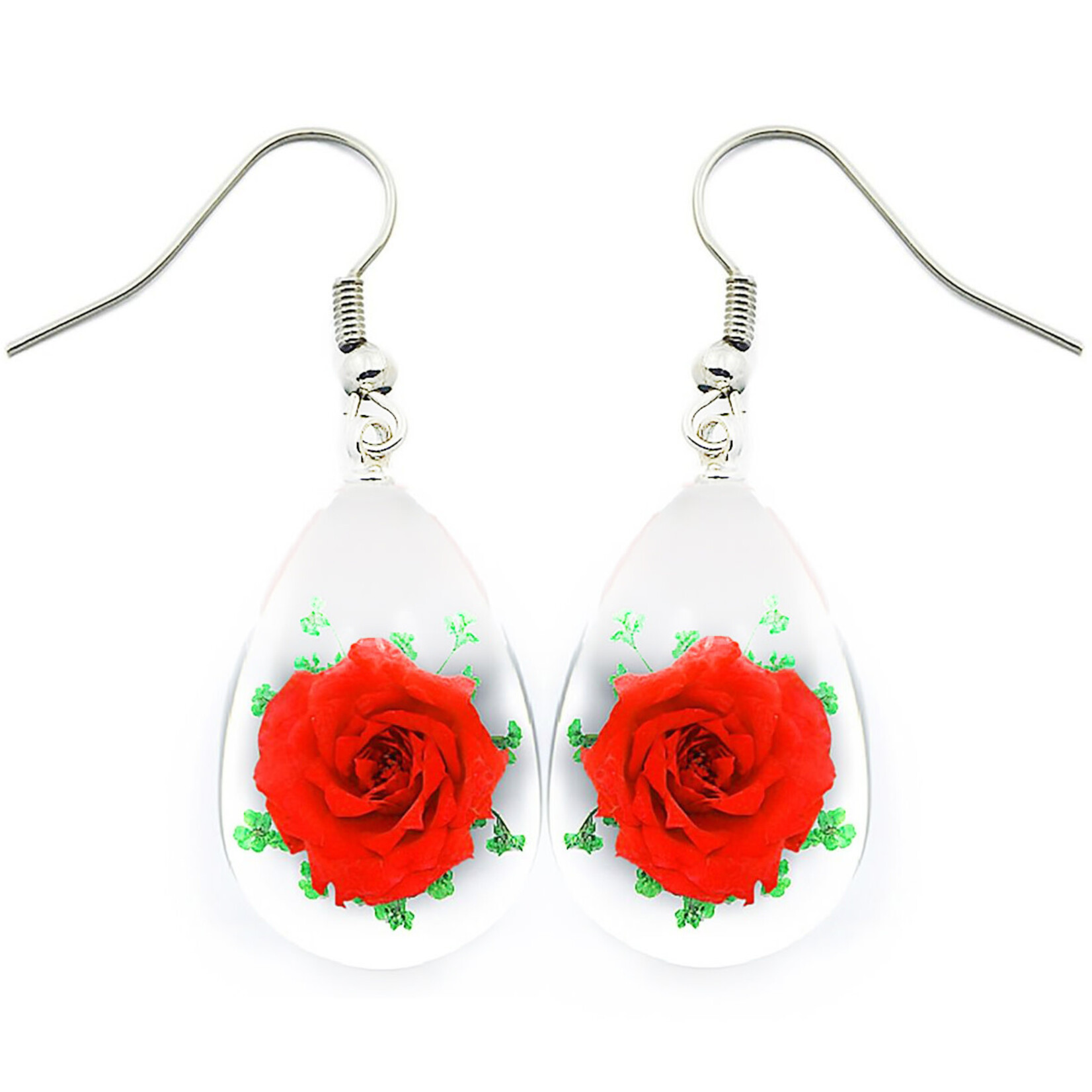 BicBugs Real Preserved Flower Earrings Clear - Red/Green Rose
