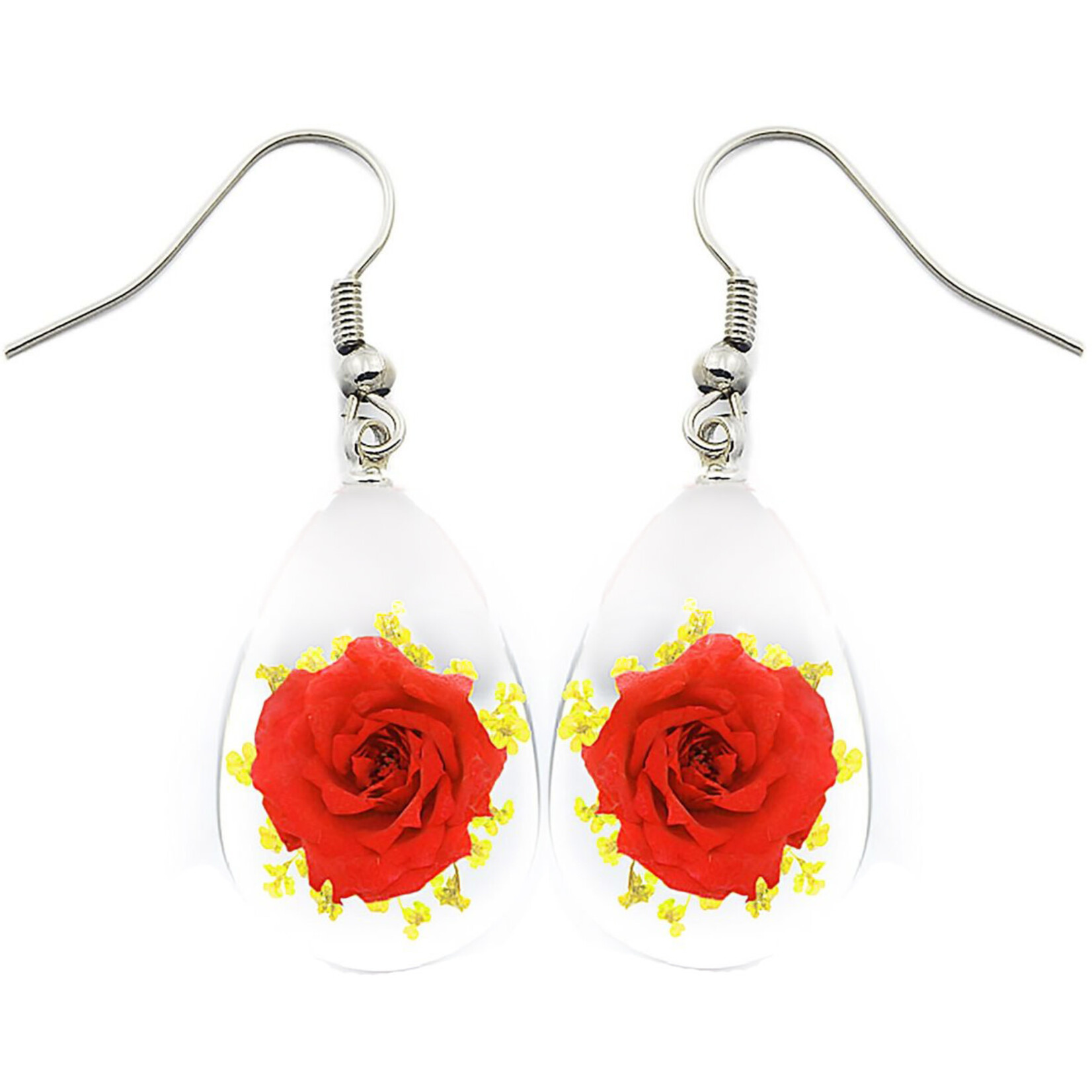 BicBugs Real Preserved Flower Earrings Clear - Red/Yellow Rose