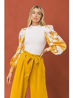 White/Mustard Print Bodysuit Top