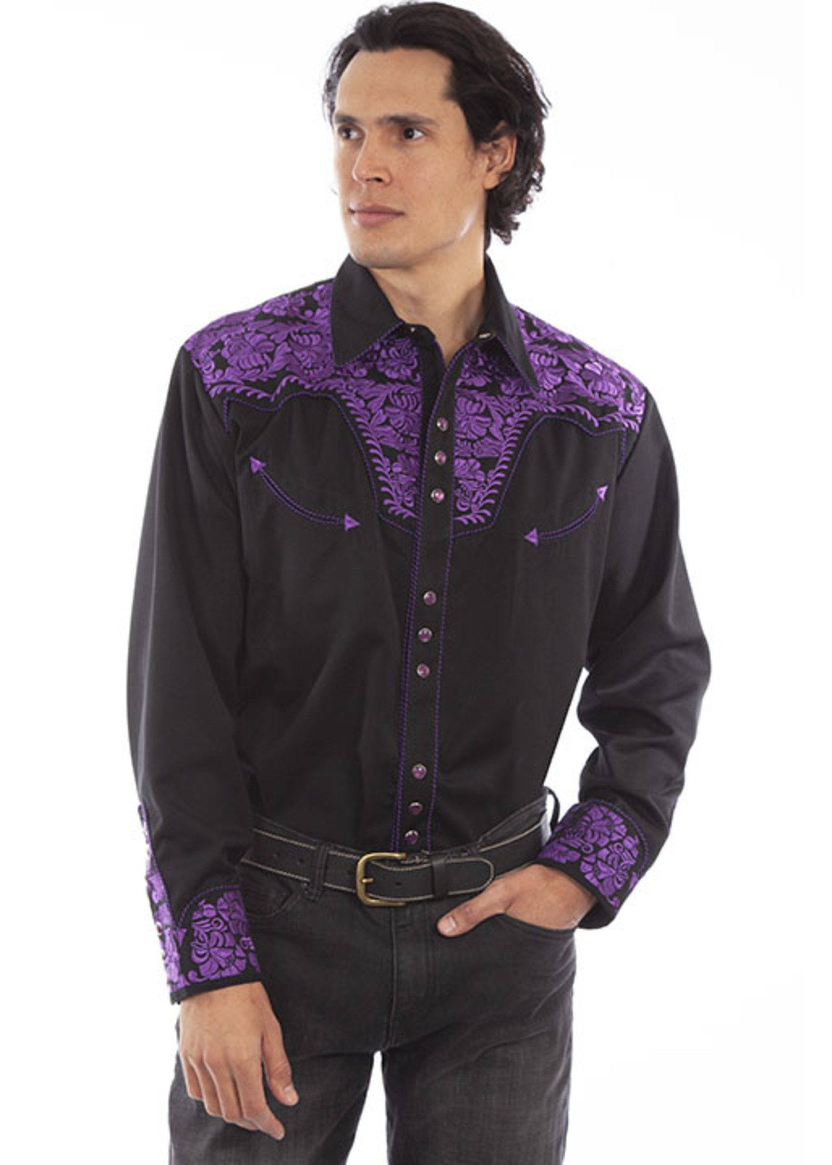 Scully Men's Embroidered Gunfighter Long Sleeve Pearl Snap Western