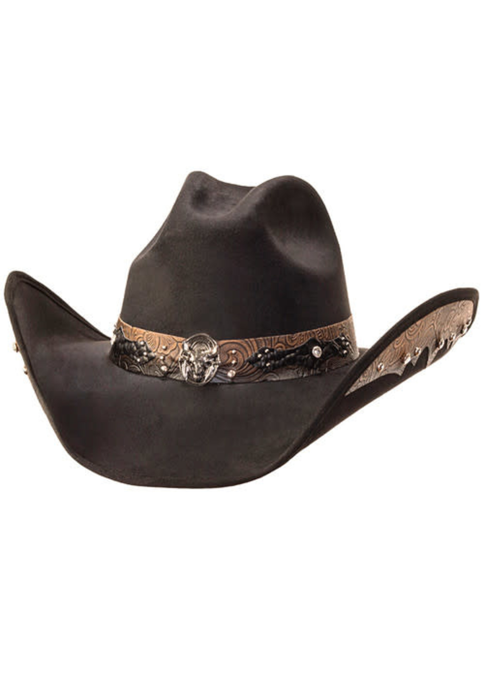 Black Suede Like Western Hat with Steer Skull on Hat Band & Leather Sides