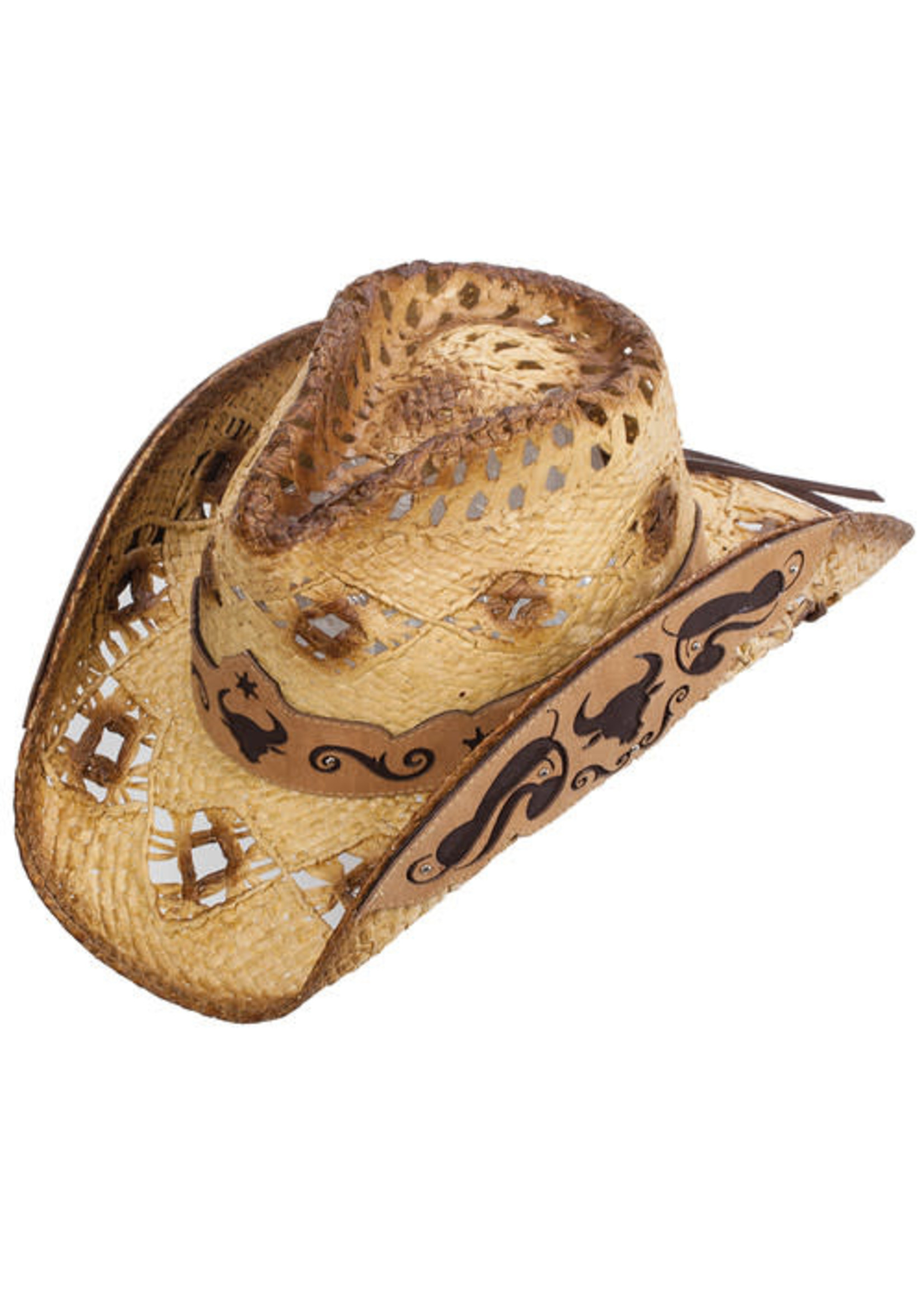Tan Straw Western Pinch Front Hat with Brown Trim, Leather Hat Band with Steer, & Leather Sides