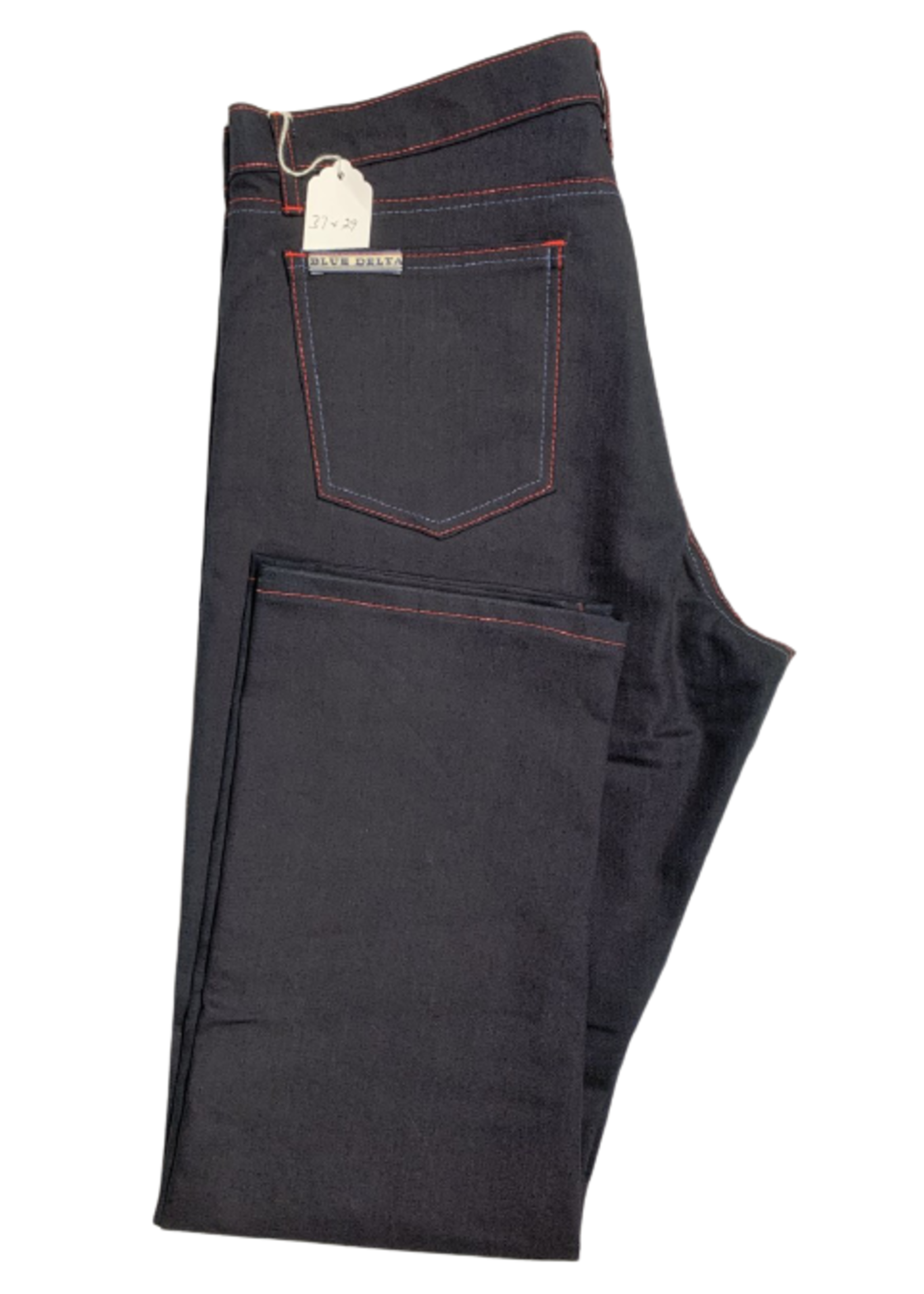 BLACK WITH RED AND BLUE RAW DENIM JEANS 