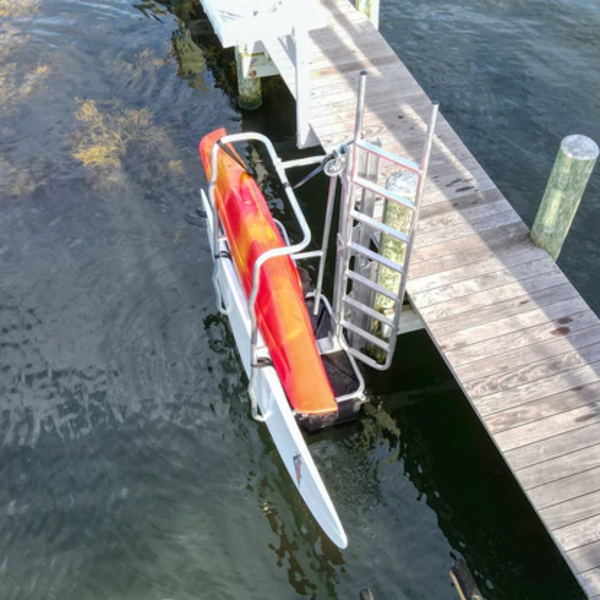 Seahorse Docking Floating Single Kayak Launch & Stow with Ladder & Piling Mount