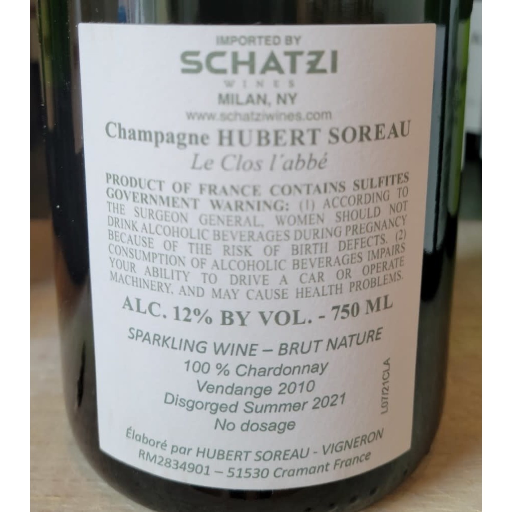 Hubert Soreau "Le Clos l'Abbé" Brut Nature, Cramant, Champagne, France NV