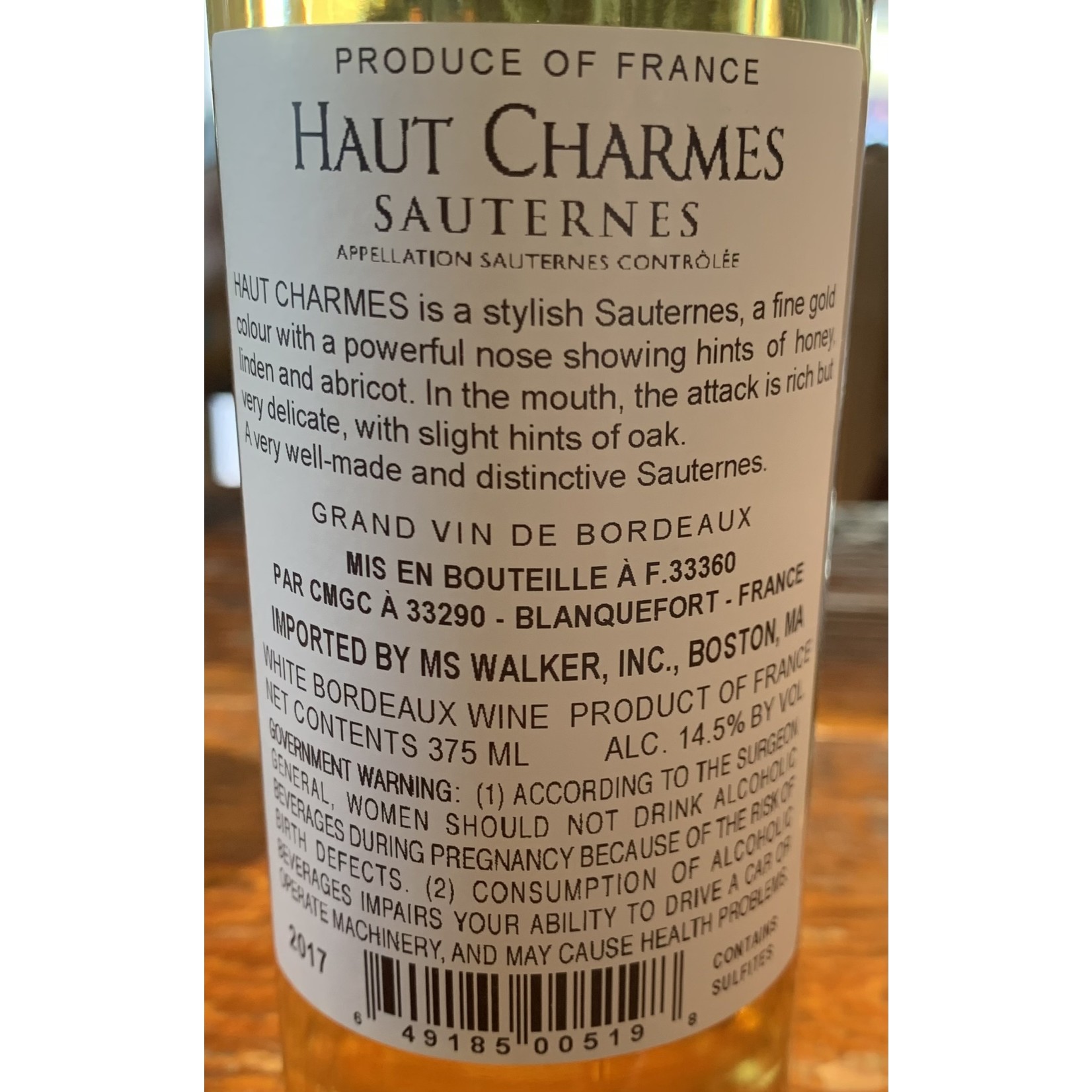 Haut Charmes Sauternes, Bordeaux France 2017 (375ml)