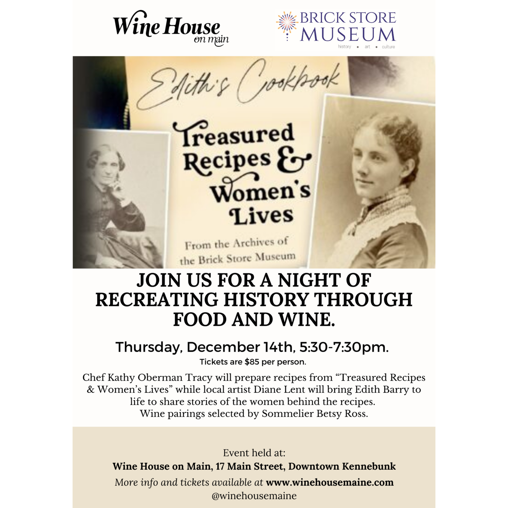 A Celebration of History, Food & Wine  w/ The Brick Store Museum, Thursday December 14th, 5:30-7:30pm