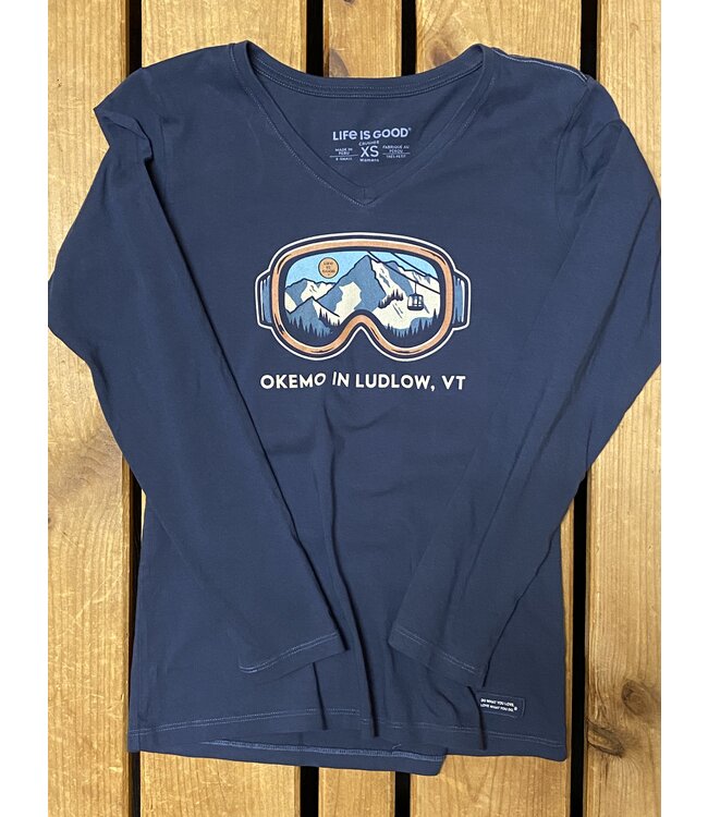 Okemo Logo Life is Good Women's Ski Goggle Landscape Long Sleeve Crusher Vee