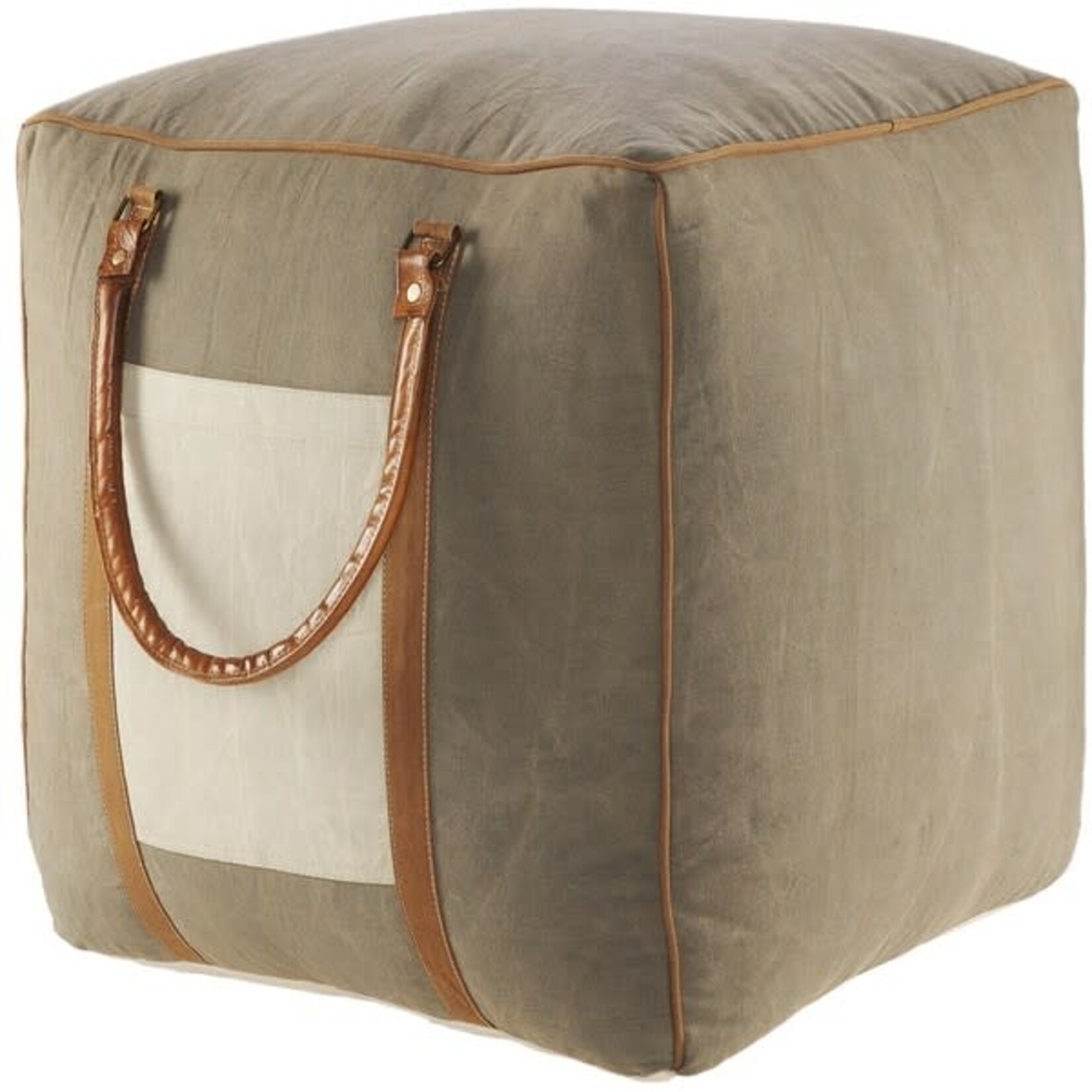 Pouf 20x20- Tan Canvas w/ Leather Handles