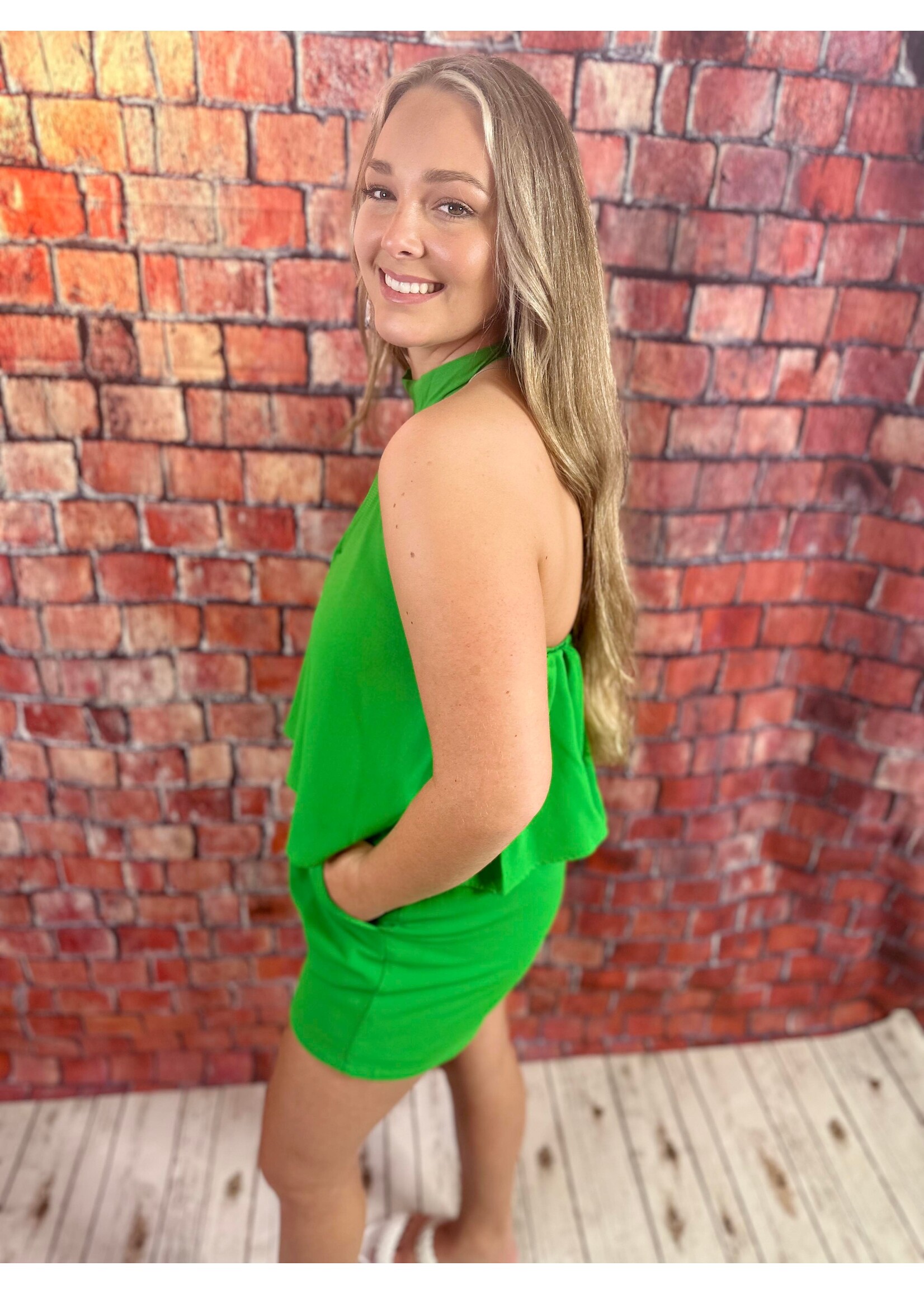 Kelly Green Open Back Halter Neck Romper