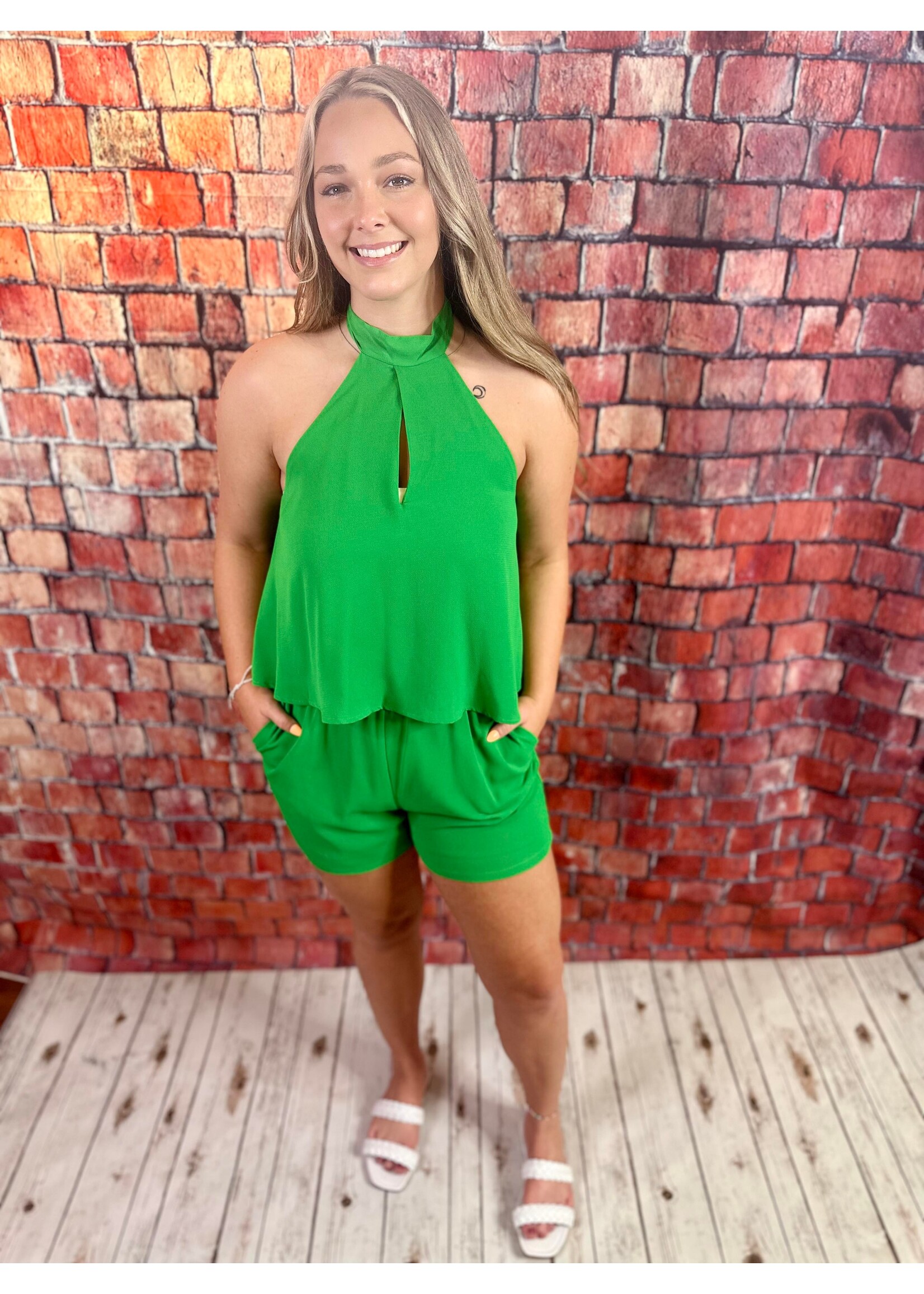 Kelly Green Open Back Halter Neck Romper