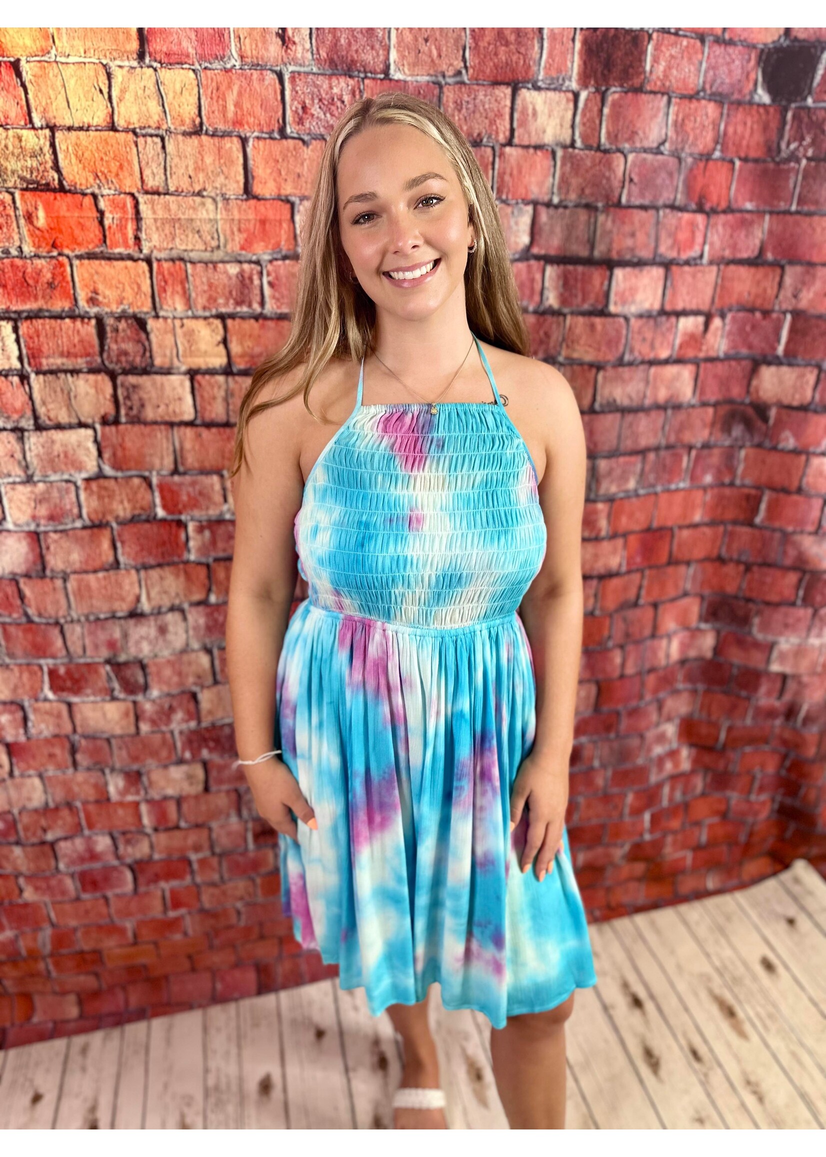 Smocked Tie Dye Halter Mini Dress