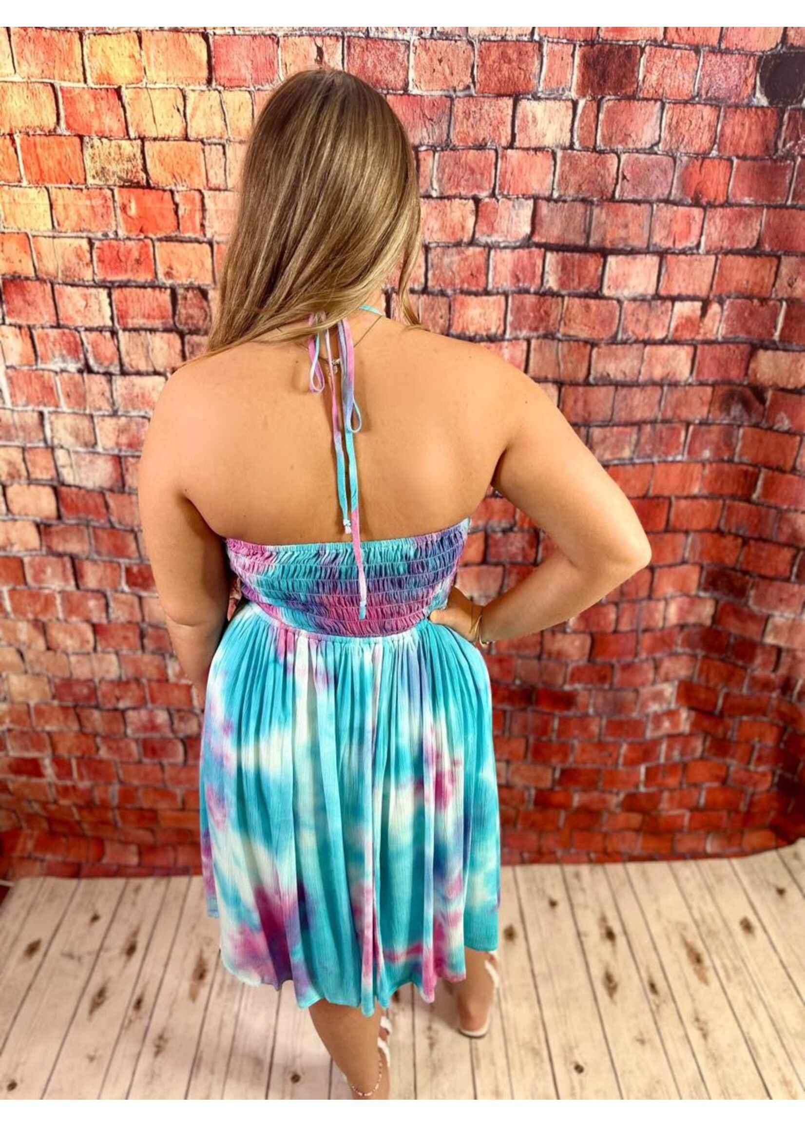 Smocked Tie Dye Halter Mini Dress