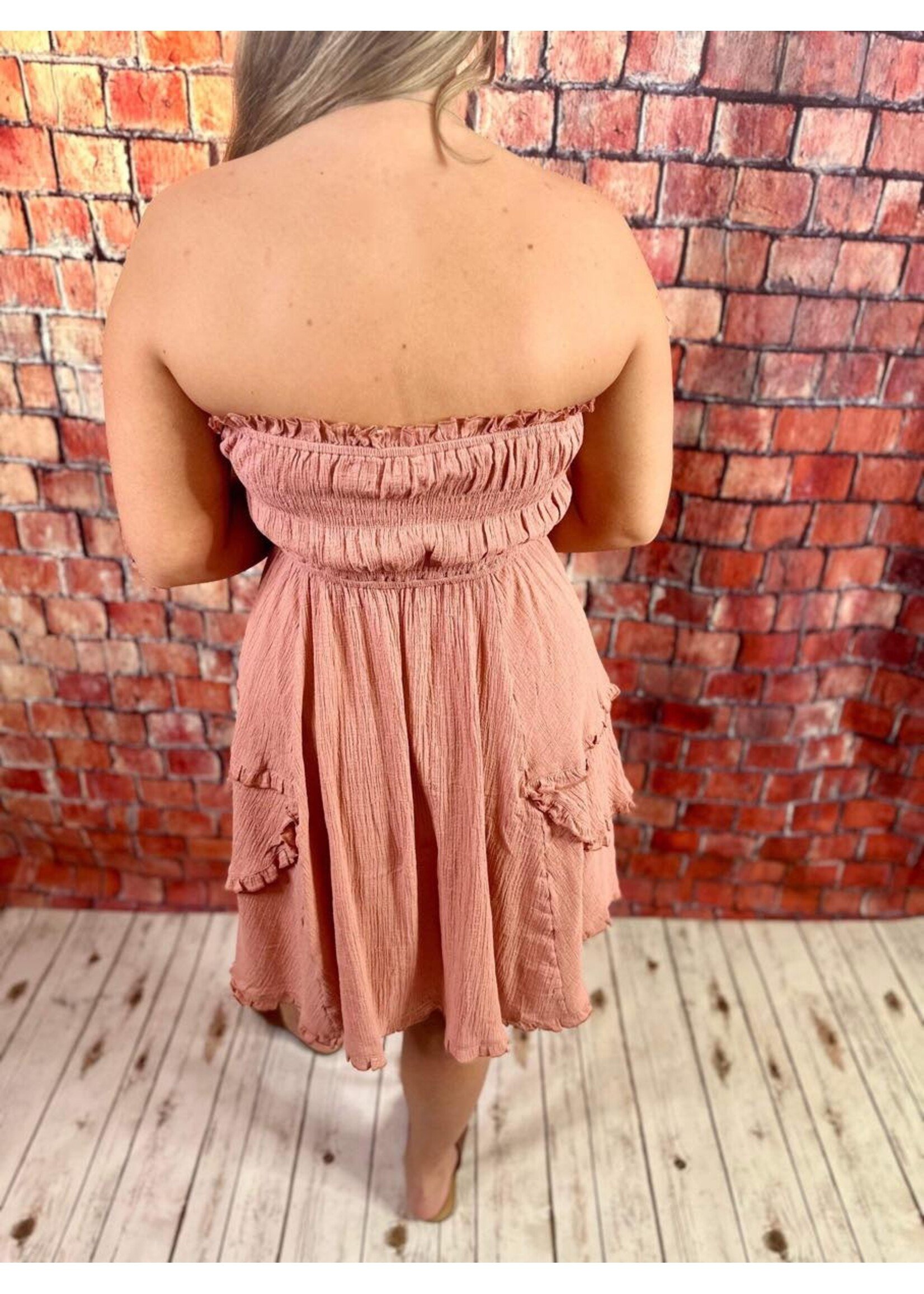 Dusty Rose Smocked Ruffle Strapless Dress