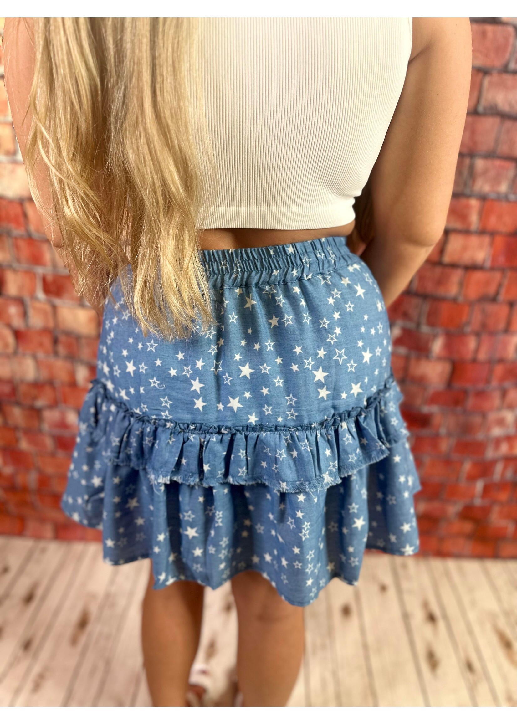 Chambray Star Print Tiered Mini Skirt