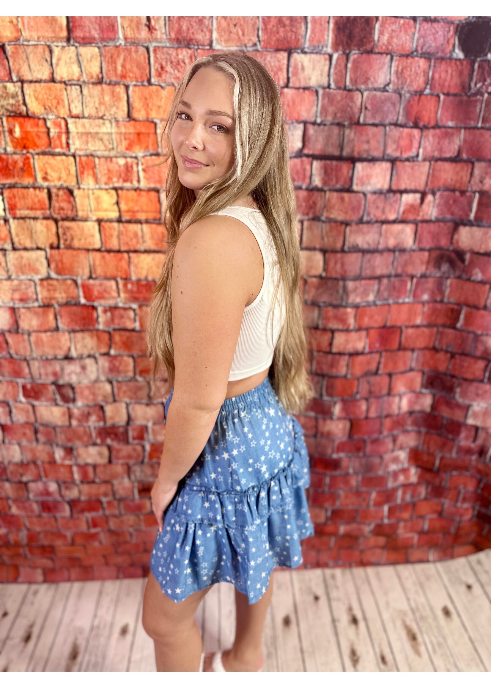 Chambray Star Print Tiered Mini Skirt