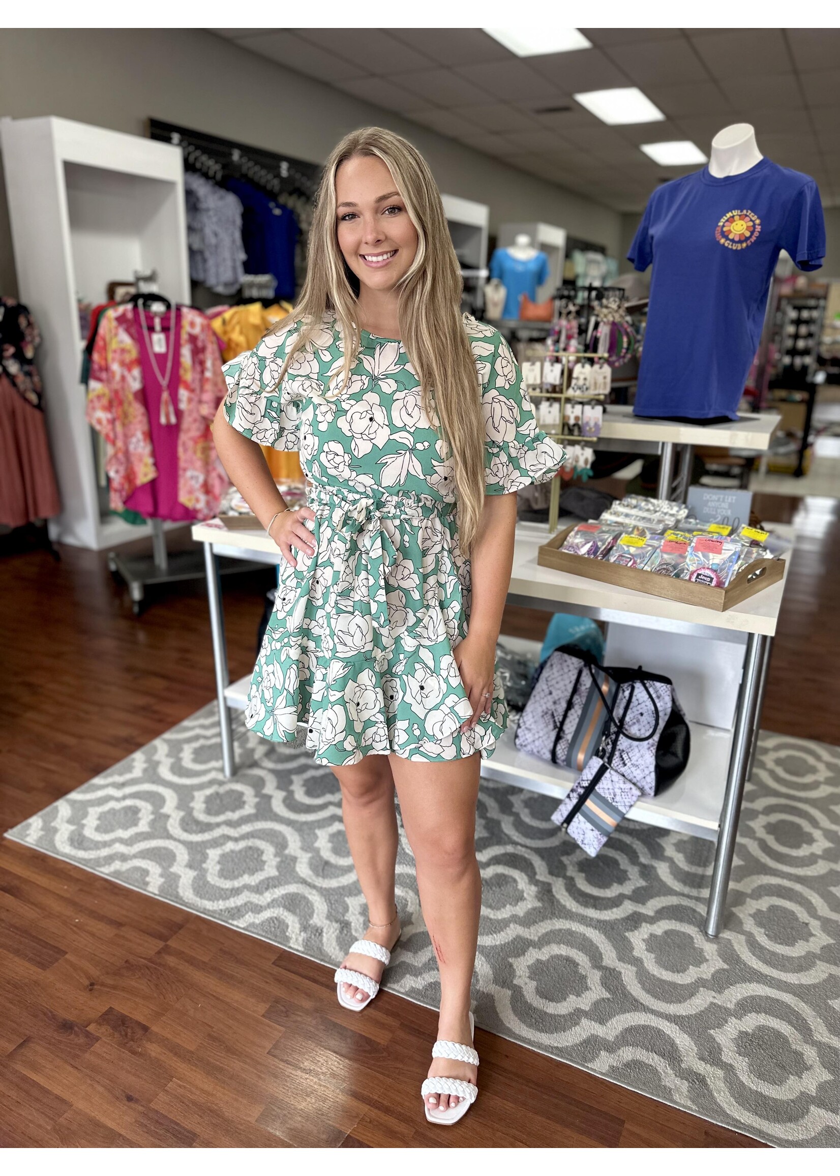 Green Ruffled Floral Print Dress