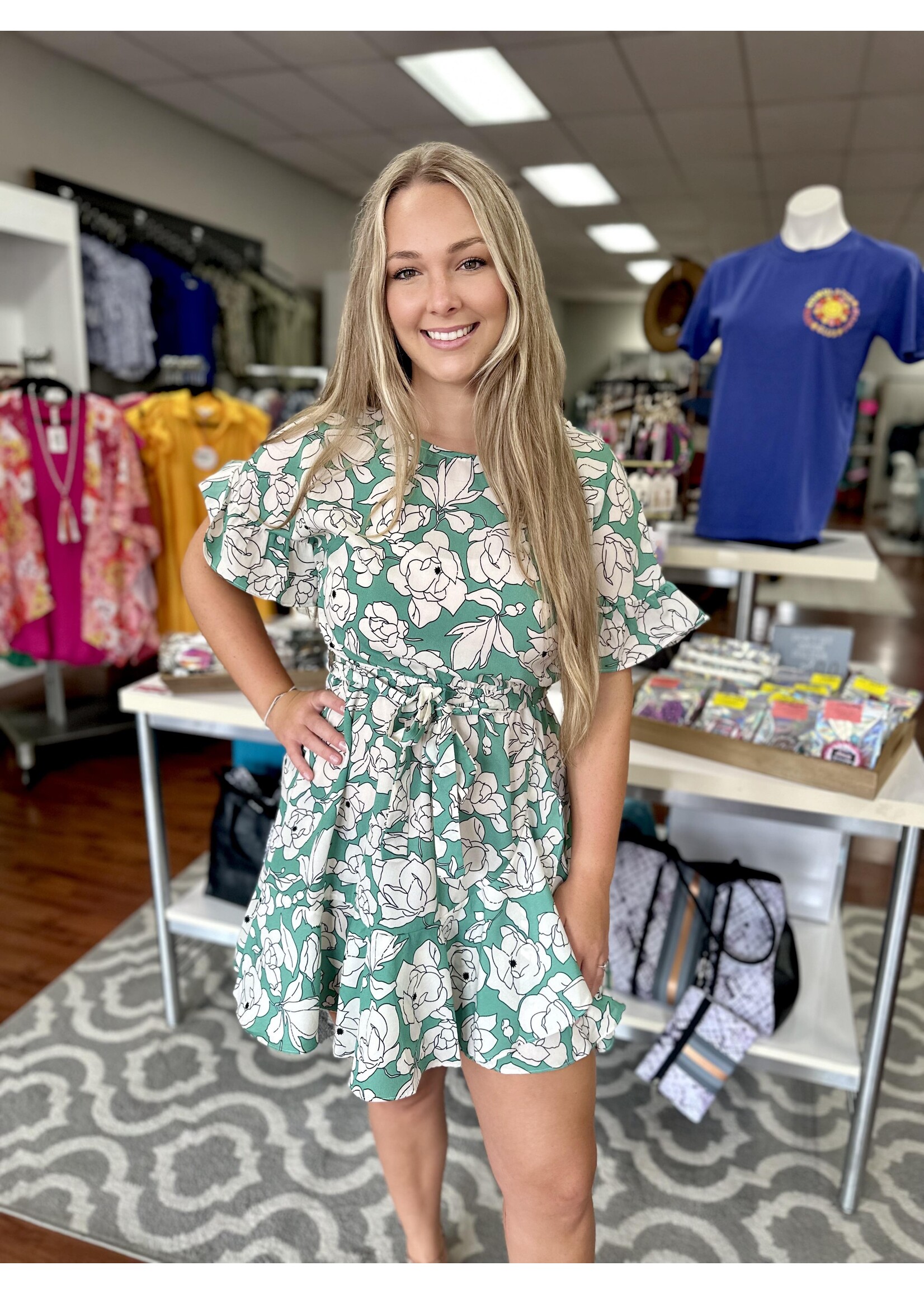 Green Ruffled Floral Print Dress