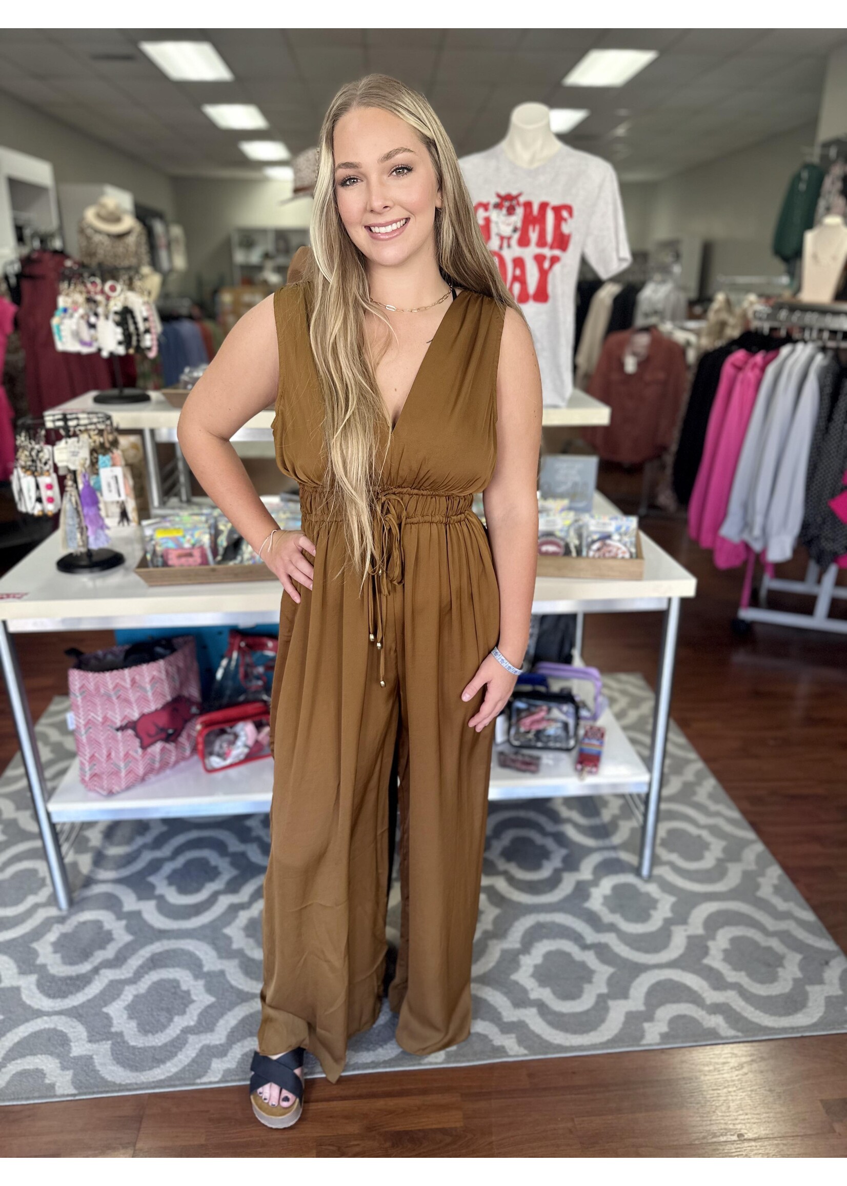 Camel V-Neck Sleeveless Jumpsuit