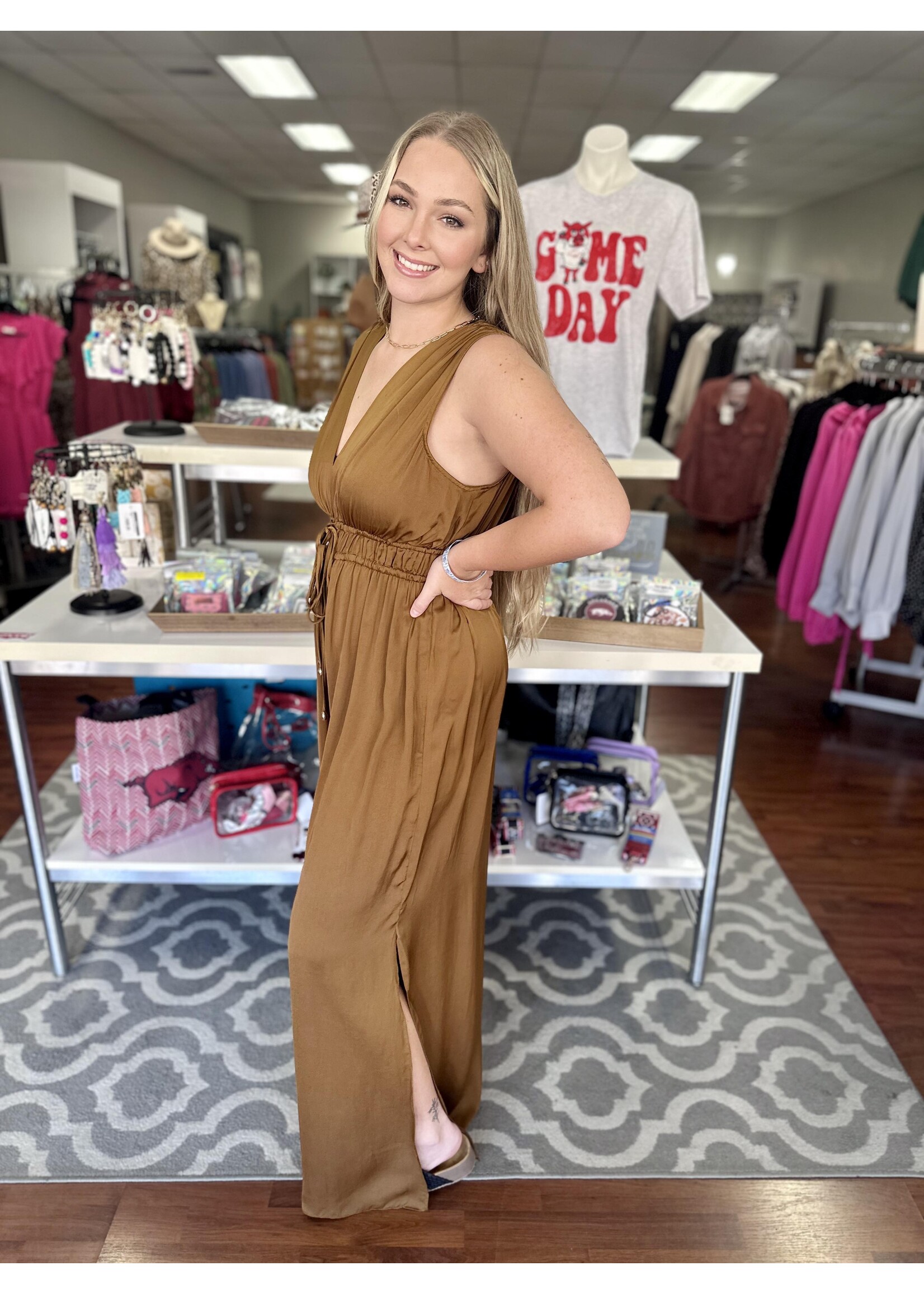 Camel V-Neck Sleeveless Jumpsuit