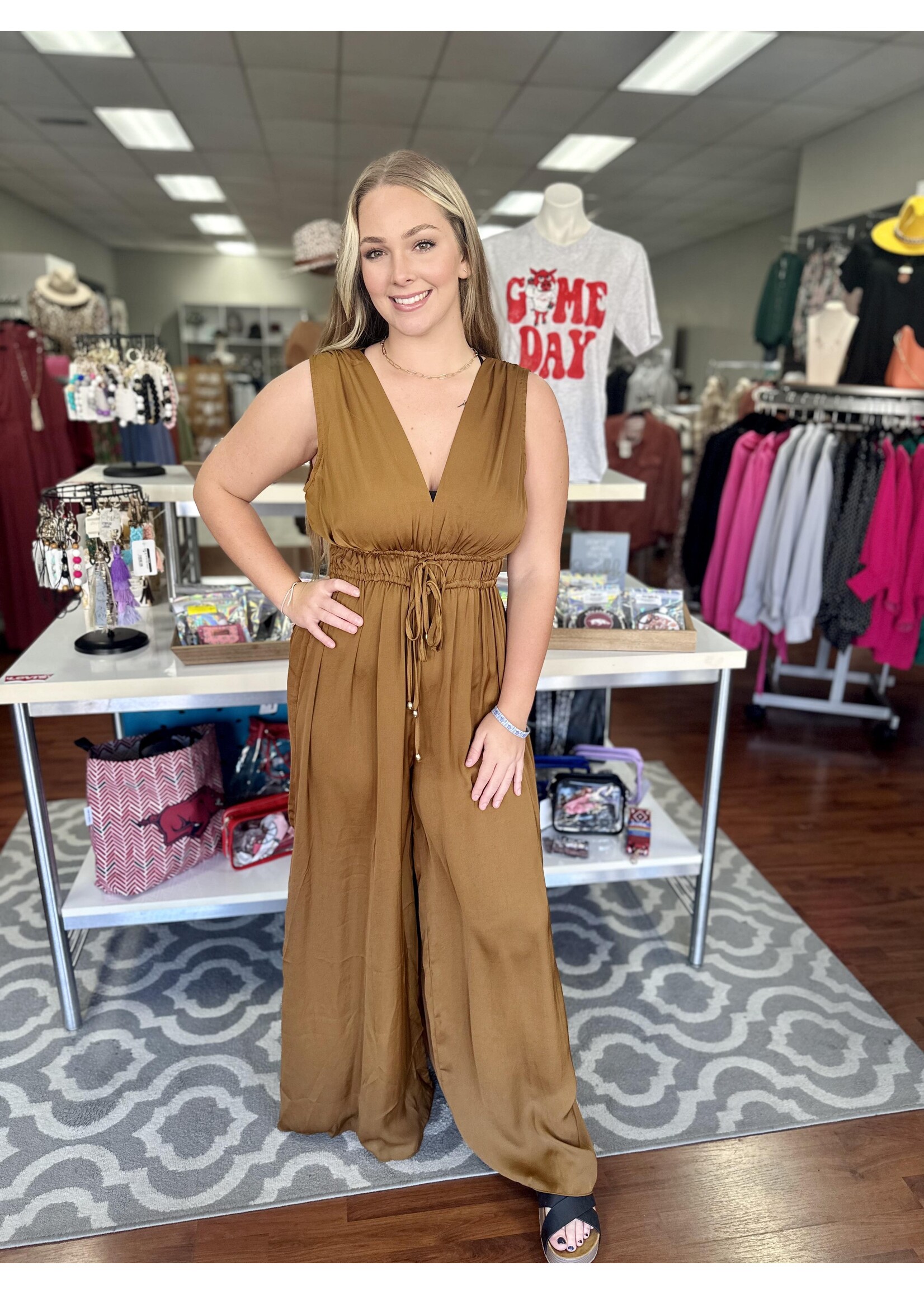 Camel V-Neck Sleeveless Jumpsuit