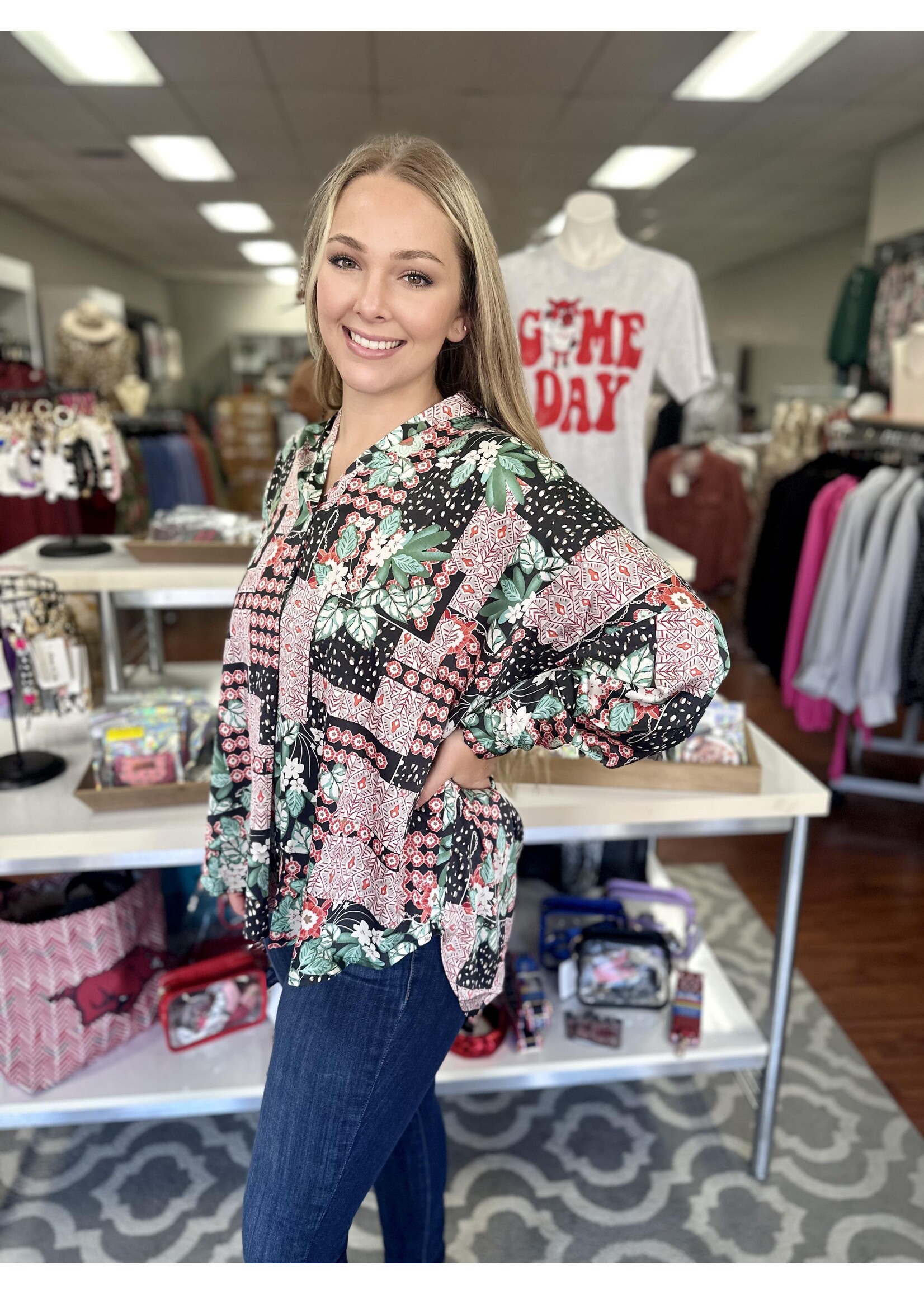 Black V-Neck Printed Blouse