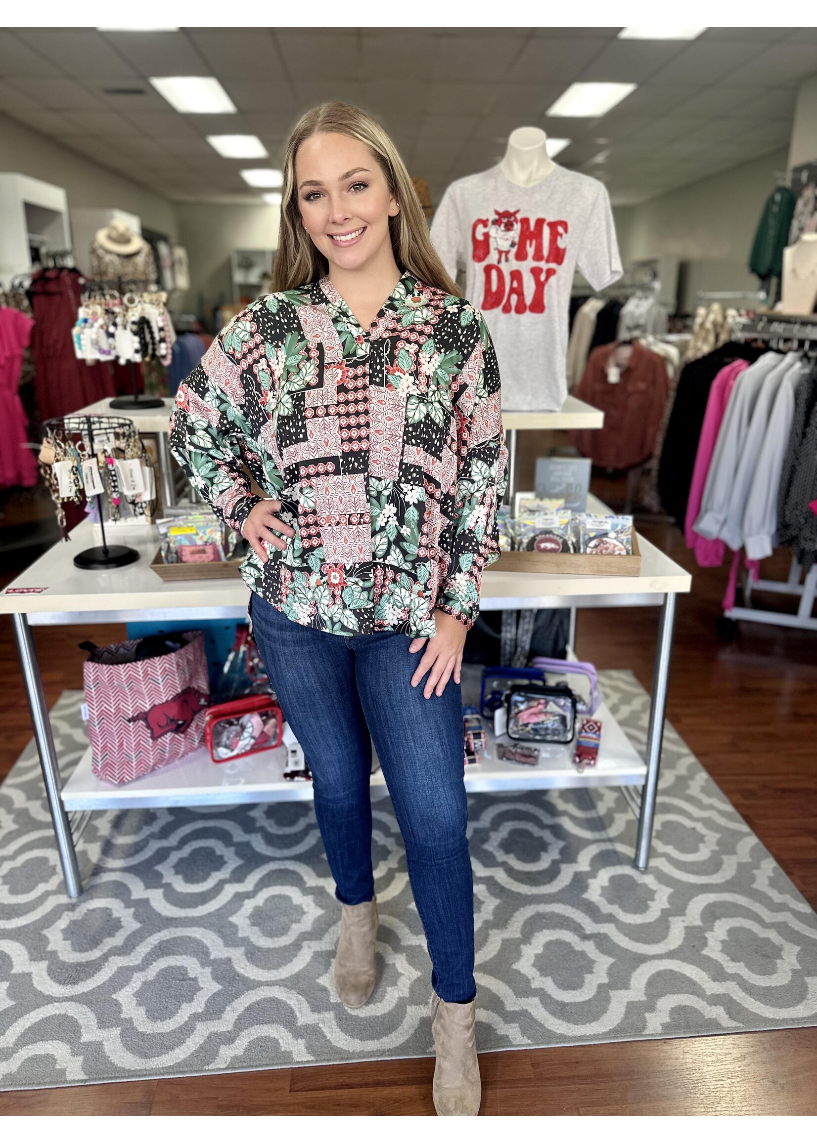 Black V-Neck Printed Blouse