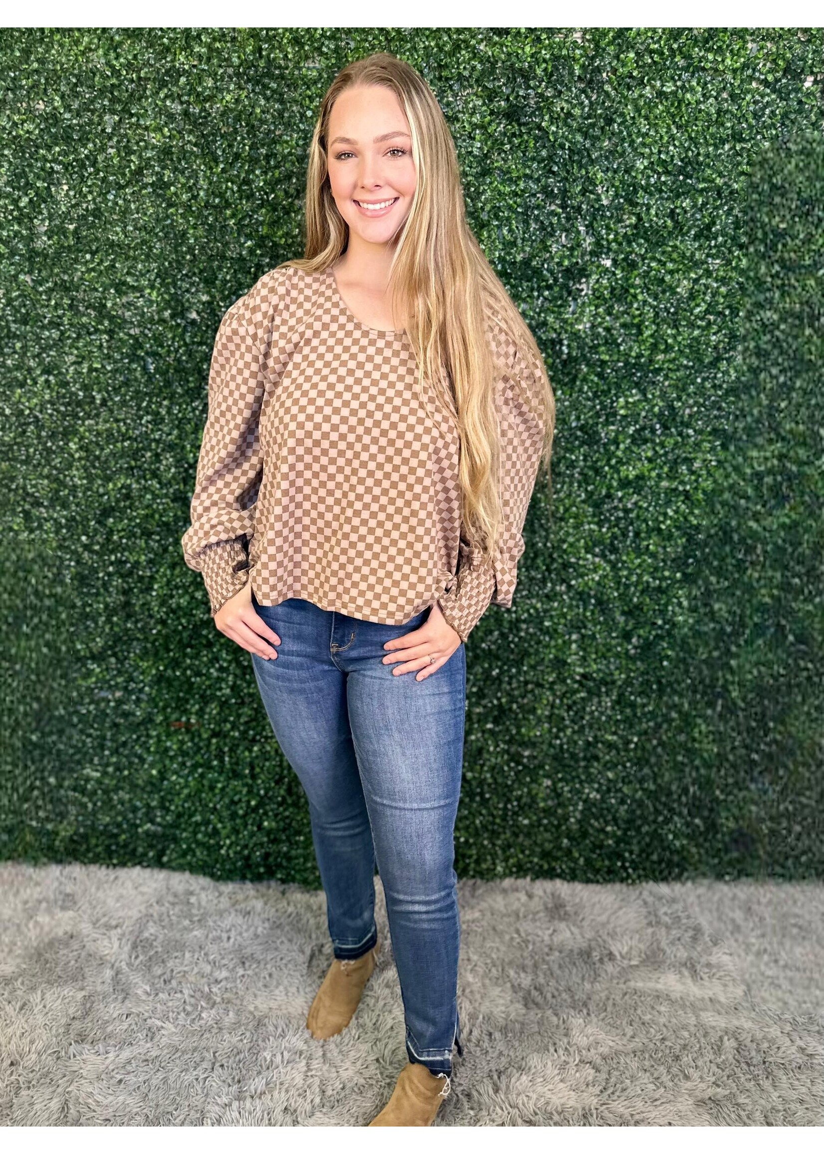 Mocha Checkered Smocked Cuff Blouse