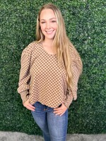 Mocha Checkered Smocked Cuff Blouse