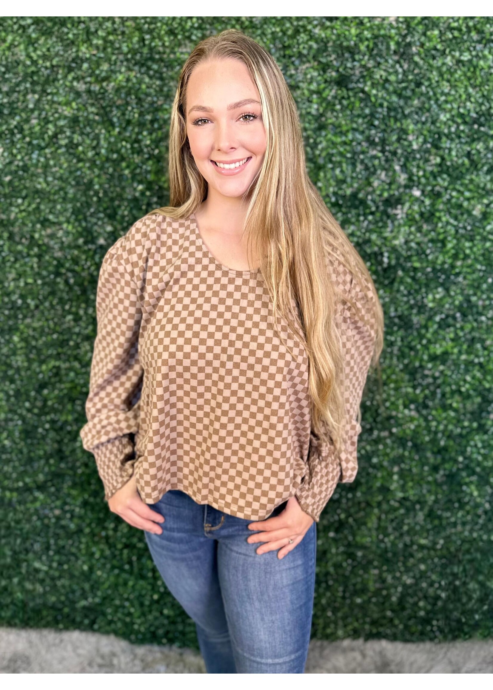 Mocha Checkered Smocked Cuff Blouse