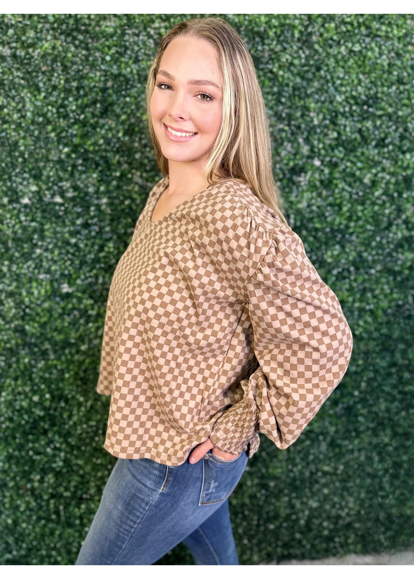 Mocha Checkered Smocked Cuff Blouse