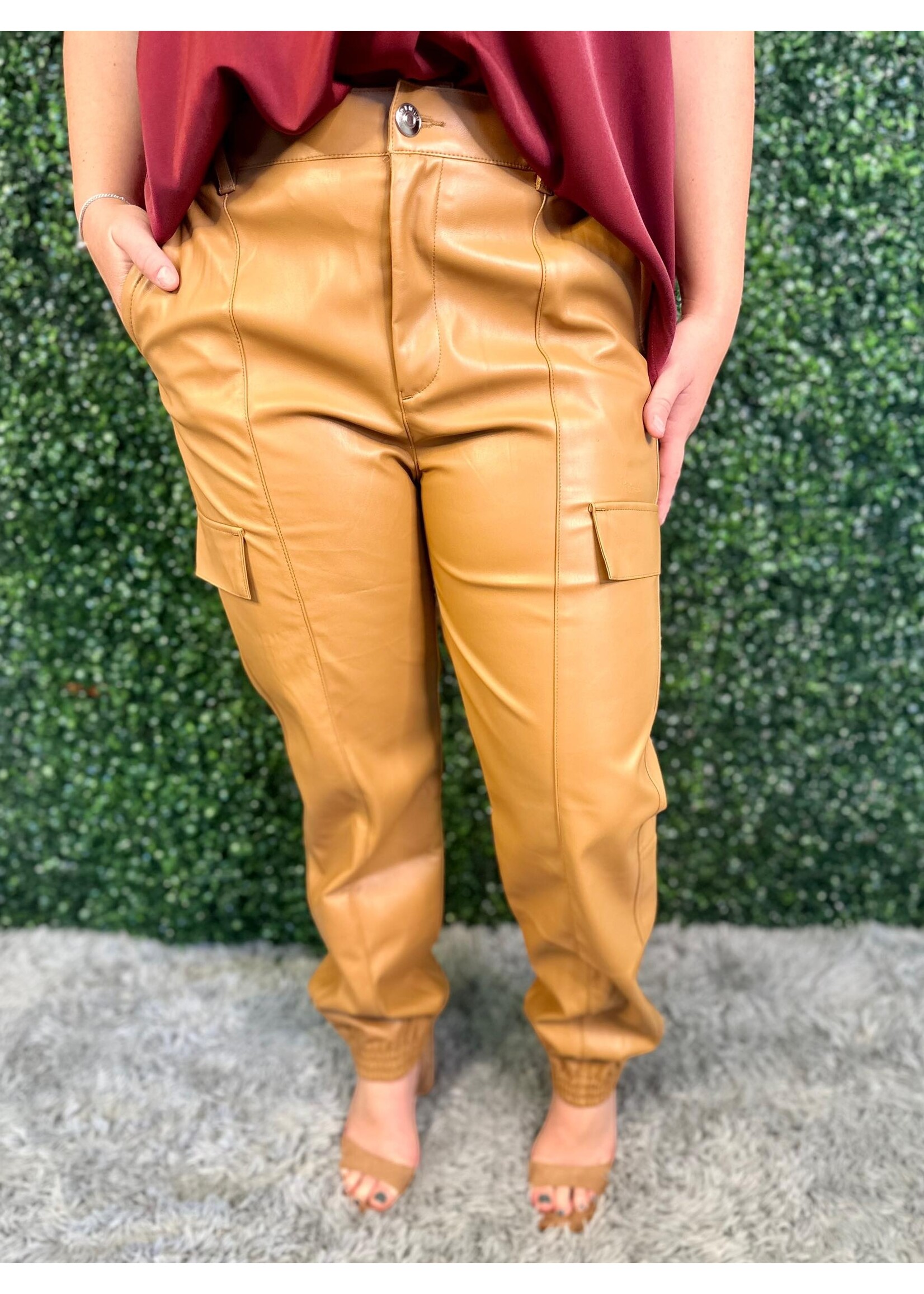 Camel Faux Leather Jogger Pants