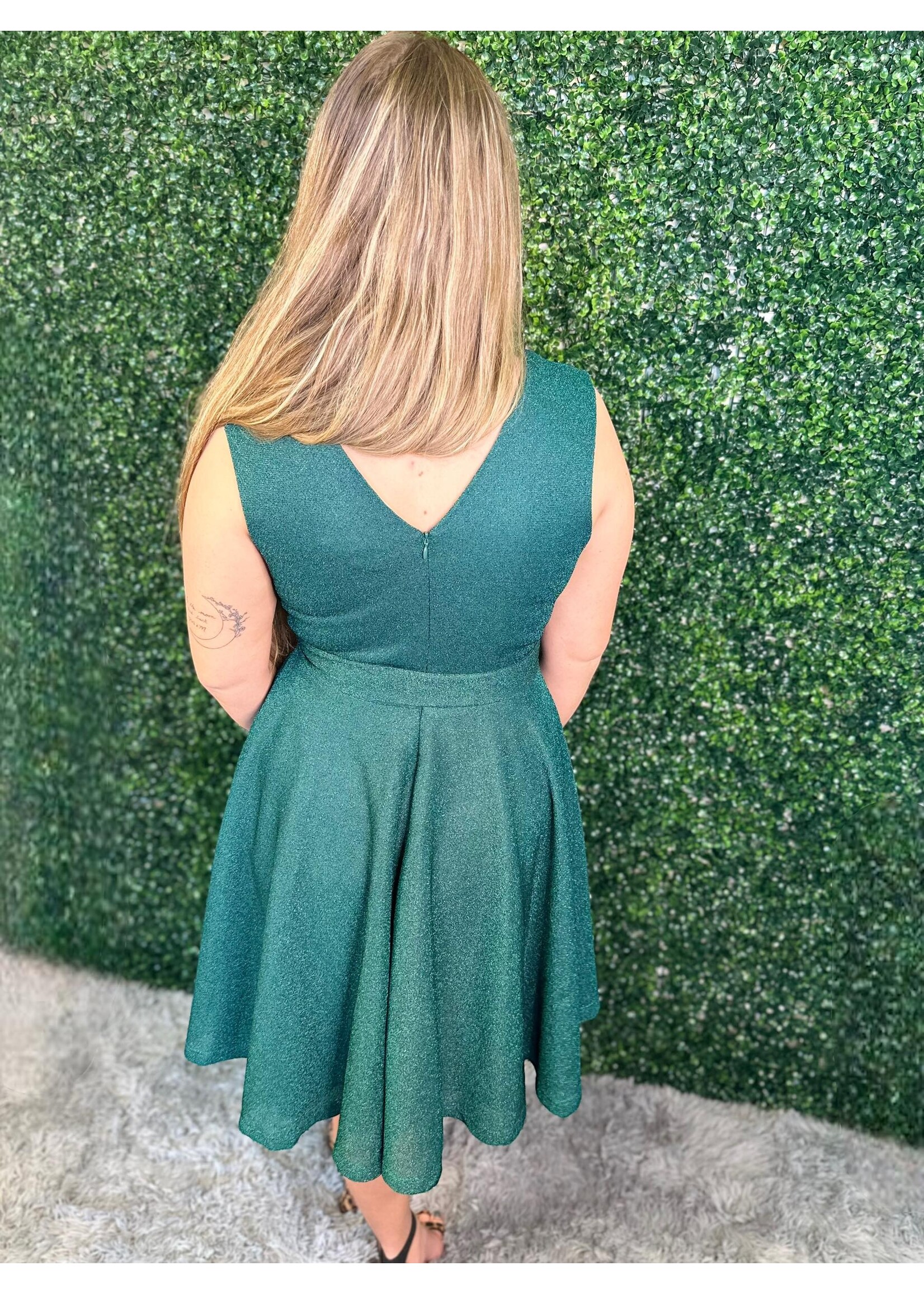 Green Shimmer V-Neck Sleeveless Tie Front Dress