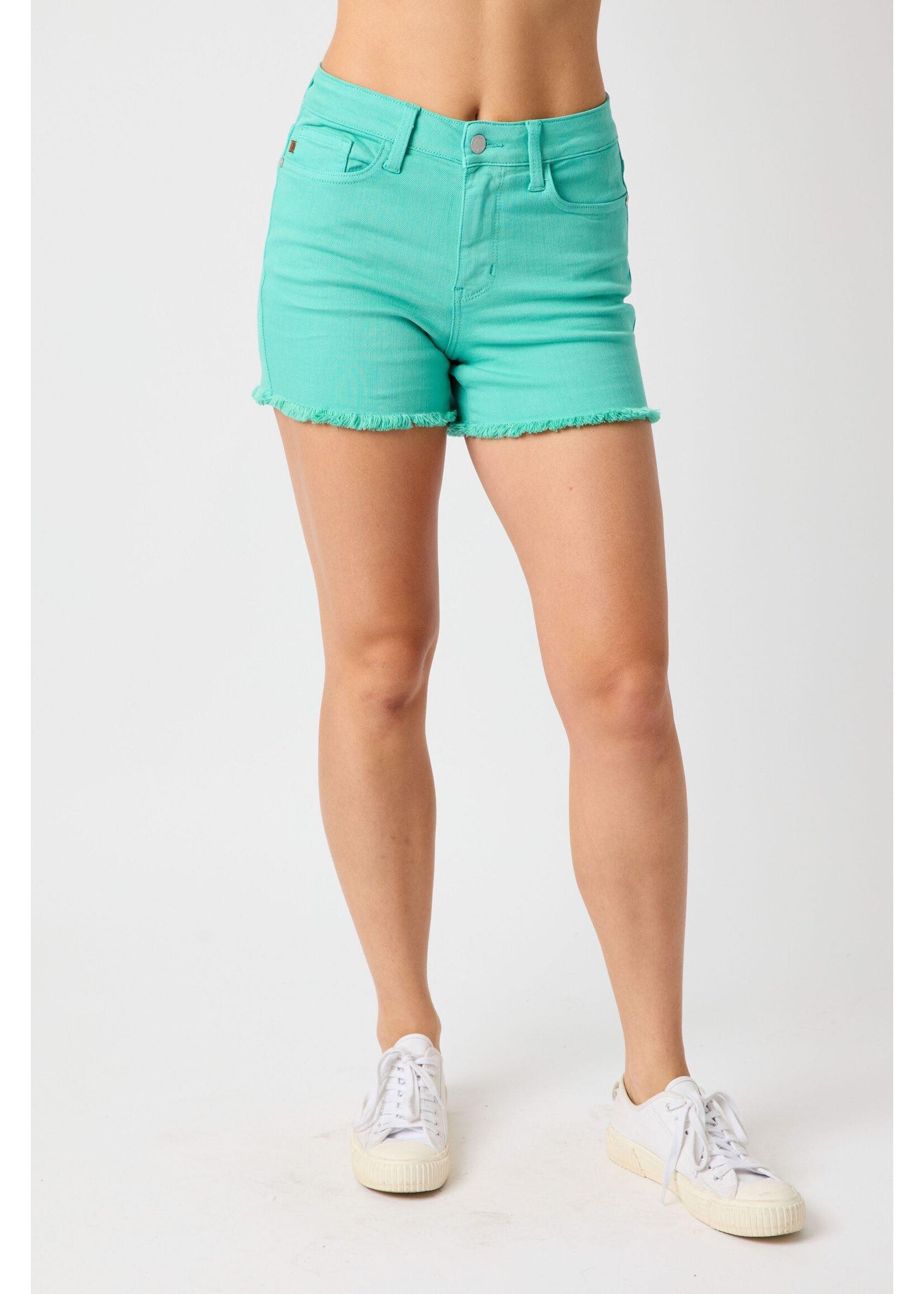 Judy Blue JB Turquoise Mid-Rise Fray Hem Shorts