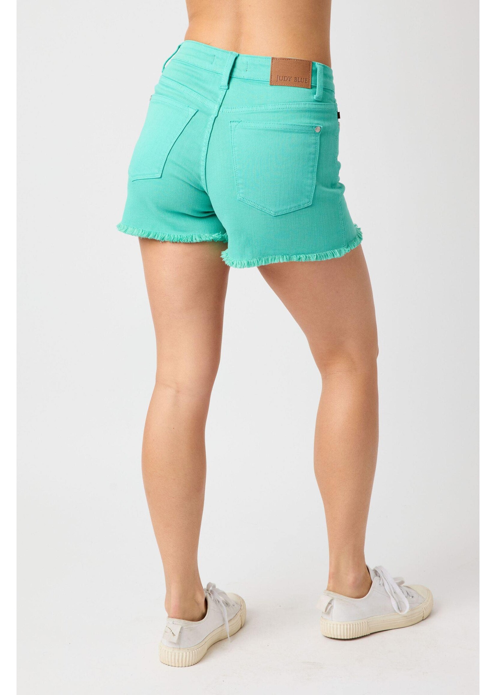 Judy Blue JB Turquoise Mid-Rise Fray Hem Shorts