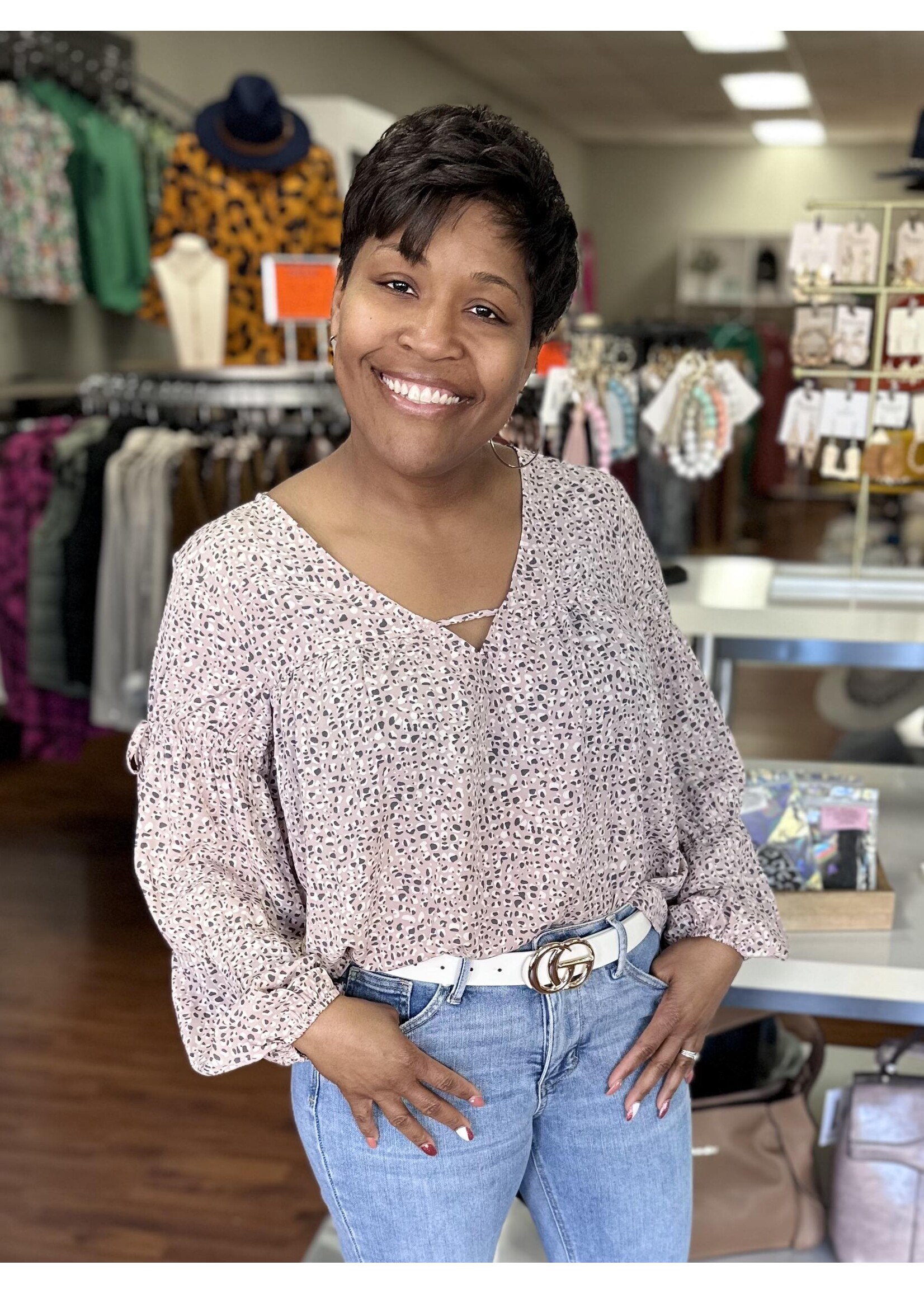 Vine and Love Blush Animal Print V-Neck Blouse