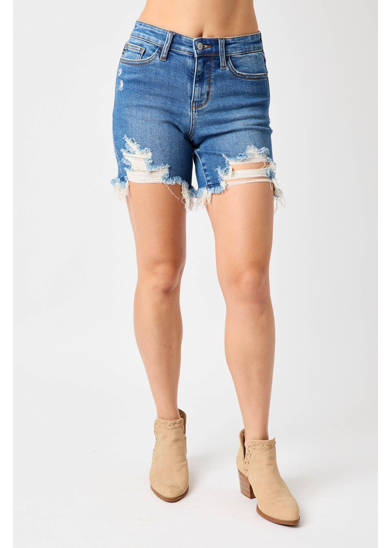 Judy Blue Mid-Rise Destroyed Fray Hem Shorts