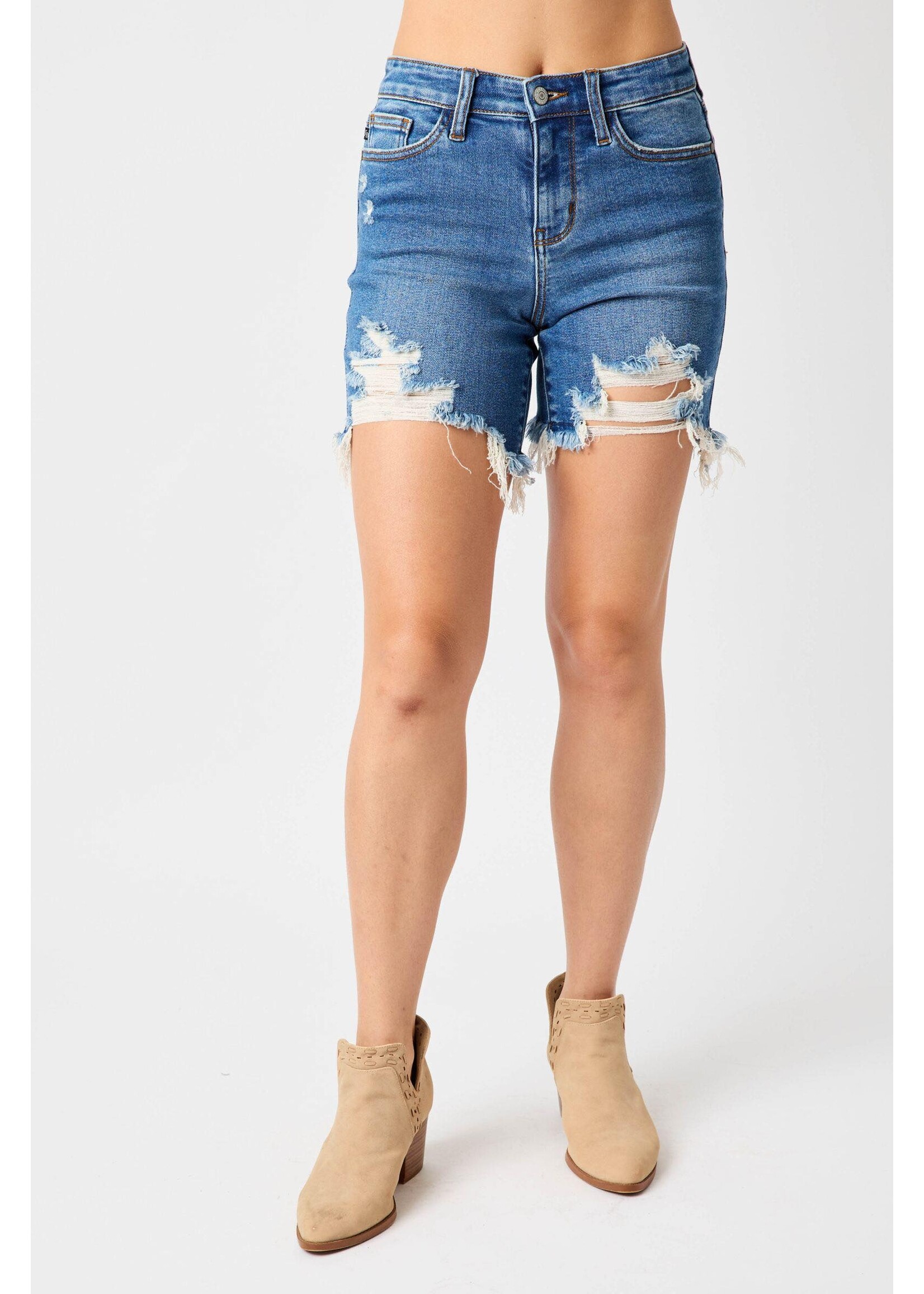 Judy Blue Mid-Rise Destroyed Fray Hem Shorts